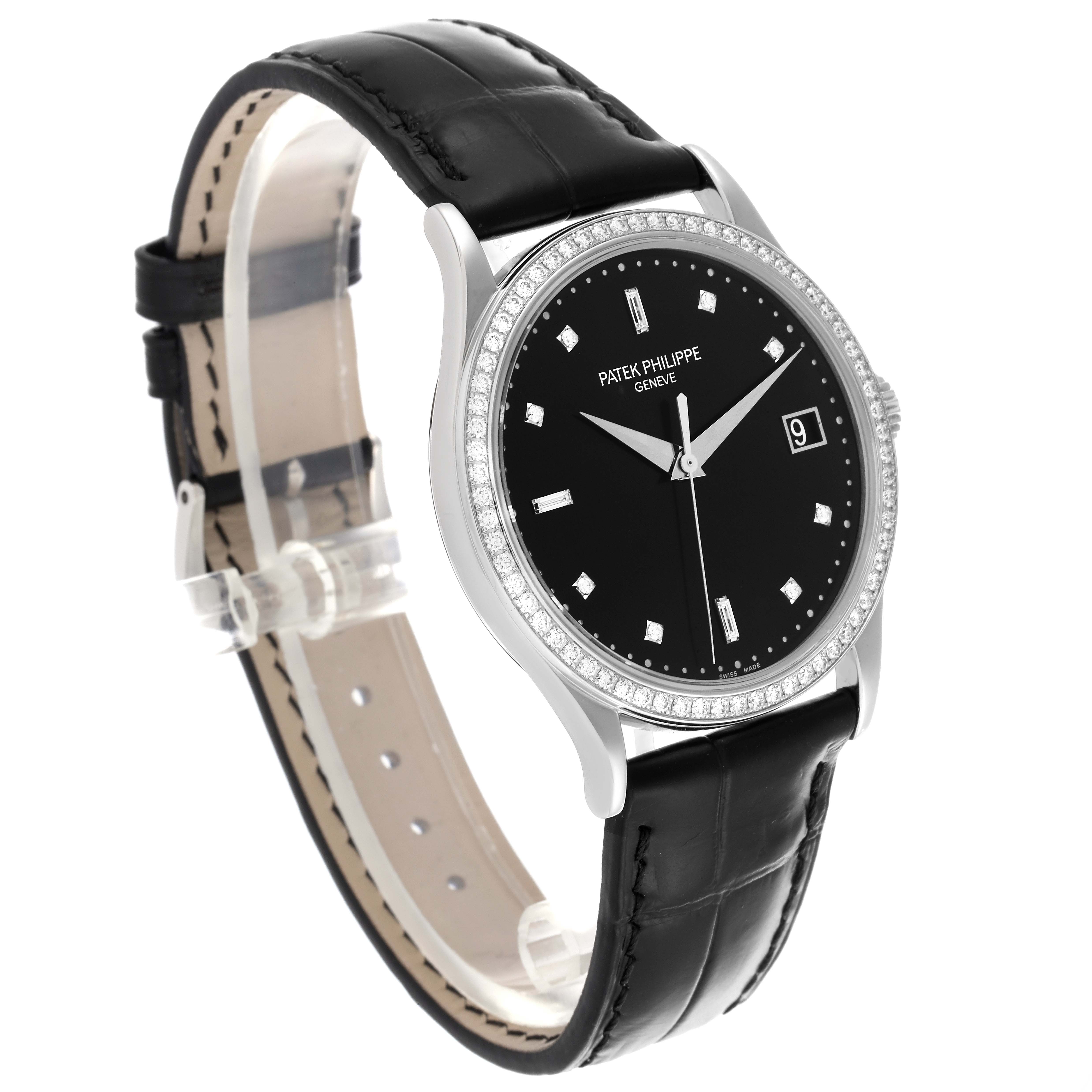 The Patek Philippe Calatrava 5297G-001 Men's White Gold Black Dial 5297G-001 Men's White Gold Black Dial watch is shown at a slight angle, displaying the face, bezel, crown, and leather strap.