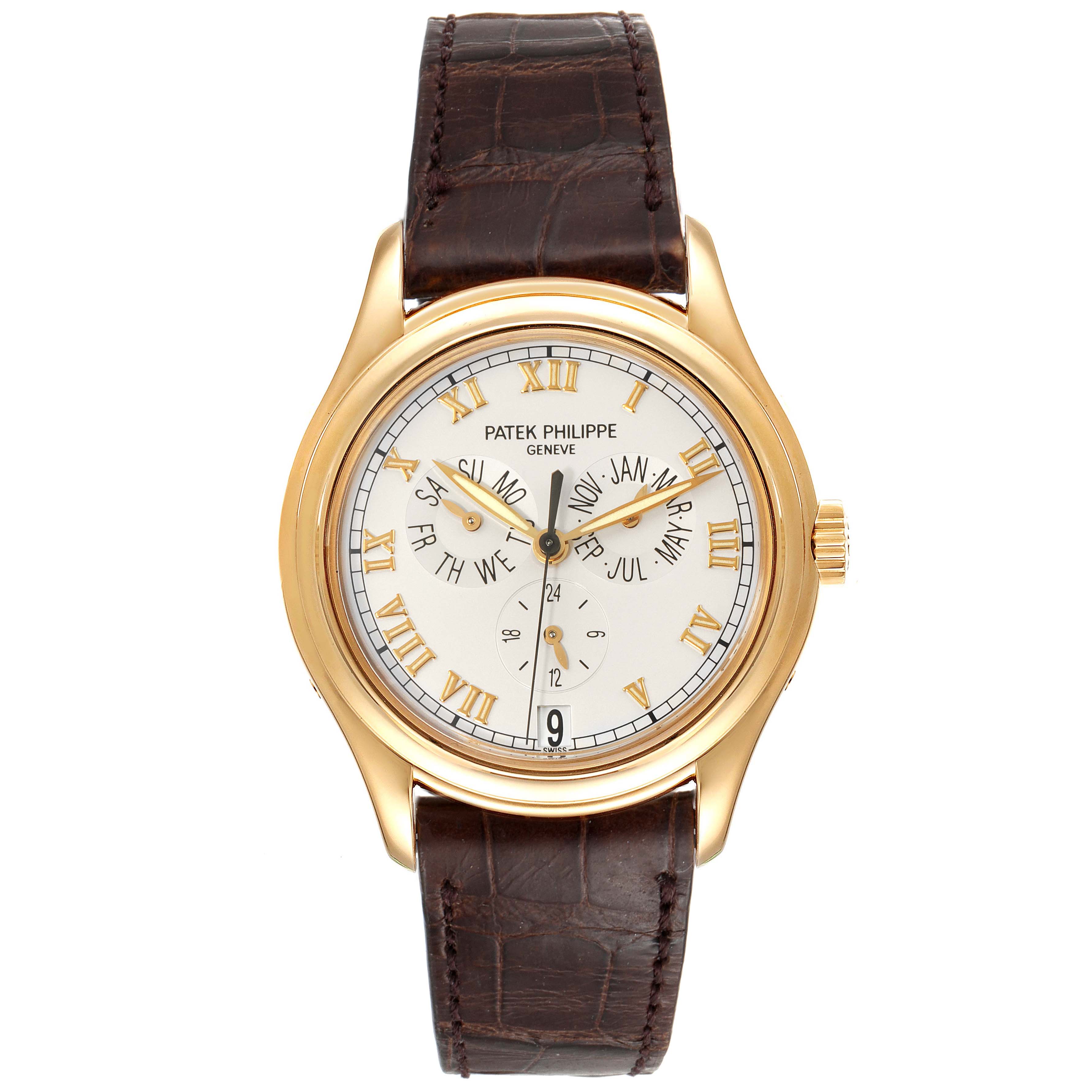 This image displays a frontal view of the Patek Philippe Complications 5035G Men's Yellow Gold Silver Dial 5035G Men's Yellow Gold Silver Dial watch with a leather strap and a gold case.