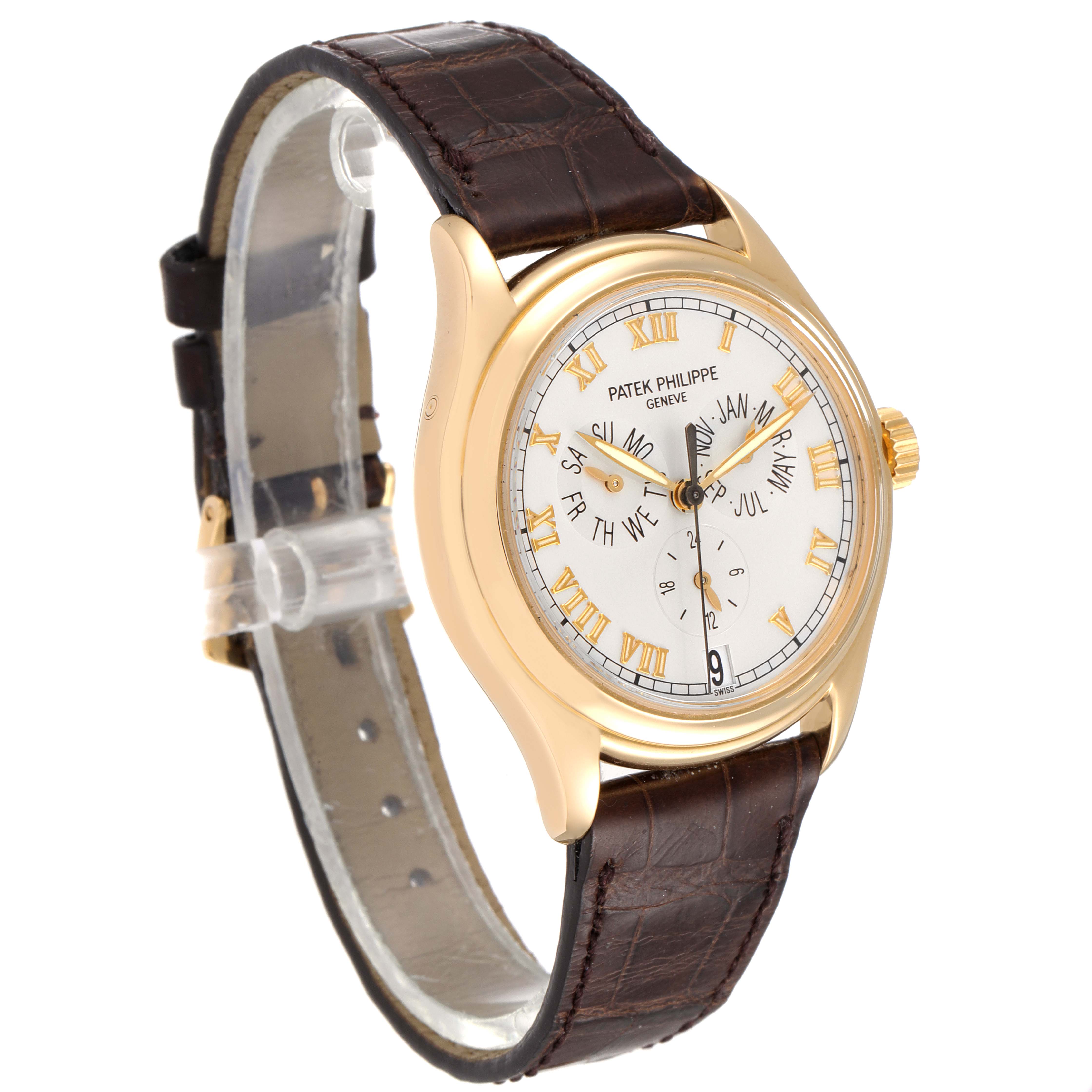 The image shows a front angle of a Patek Philippe Complications 5035G Men's Yellow Gold Silver Dial 5035G Men's Yellow Gold Silver Dial watch, displaying its dial, gold case, and leather strap.
