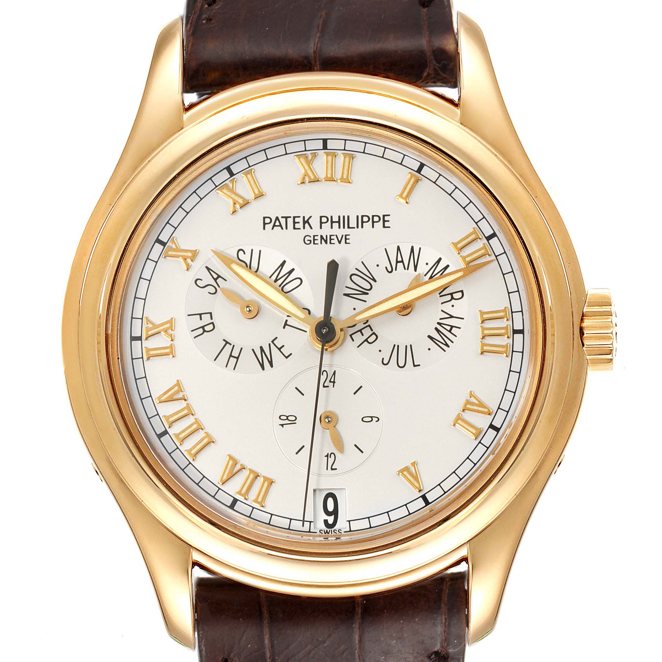 The image shows a front view of a Patek Philippe Complications 5035G Men's Yellow Gold Silver Dial 5035G Men's Yellow Gold Silver Dial model watch, highlighting its dial, indicators, and leather strap.
