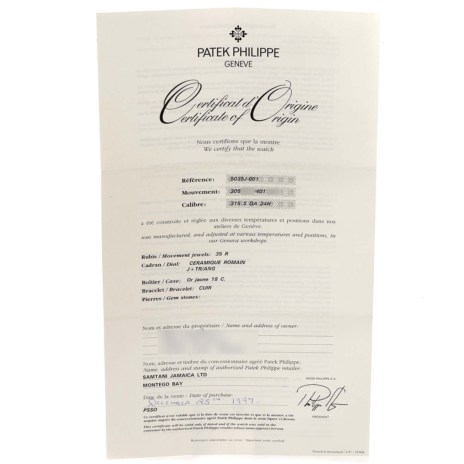 The image shows a certificate of origin for a Patek Philippe Complications 5035G Men's Yellow Gold Silver Dial 5035G Men's Yellow Gold Silver Dial model, detailing specifications and purchase information.