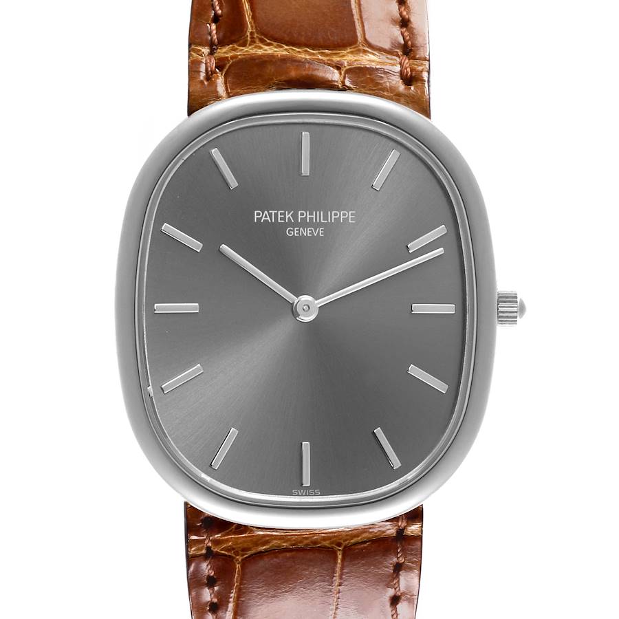 The Patek Philippe Golden Ellipse watch is shown from the front, highlighting the dial, case, and part of the strap.