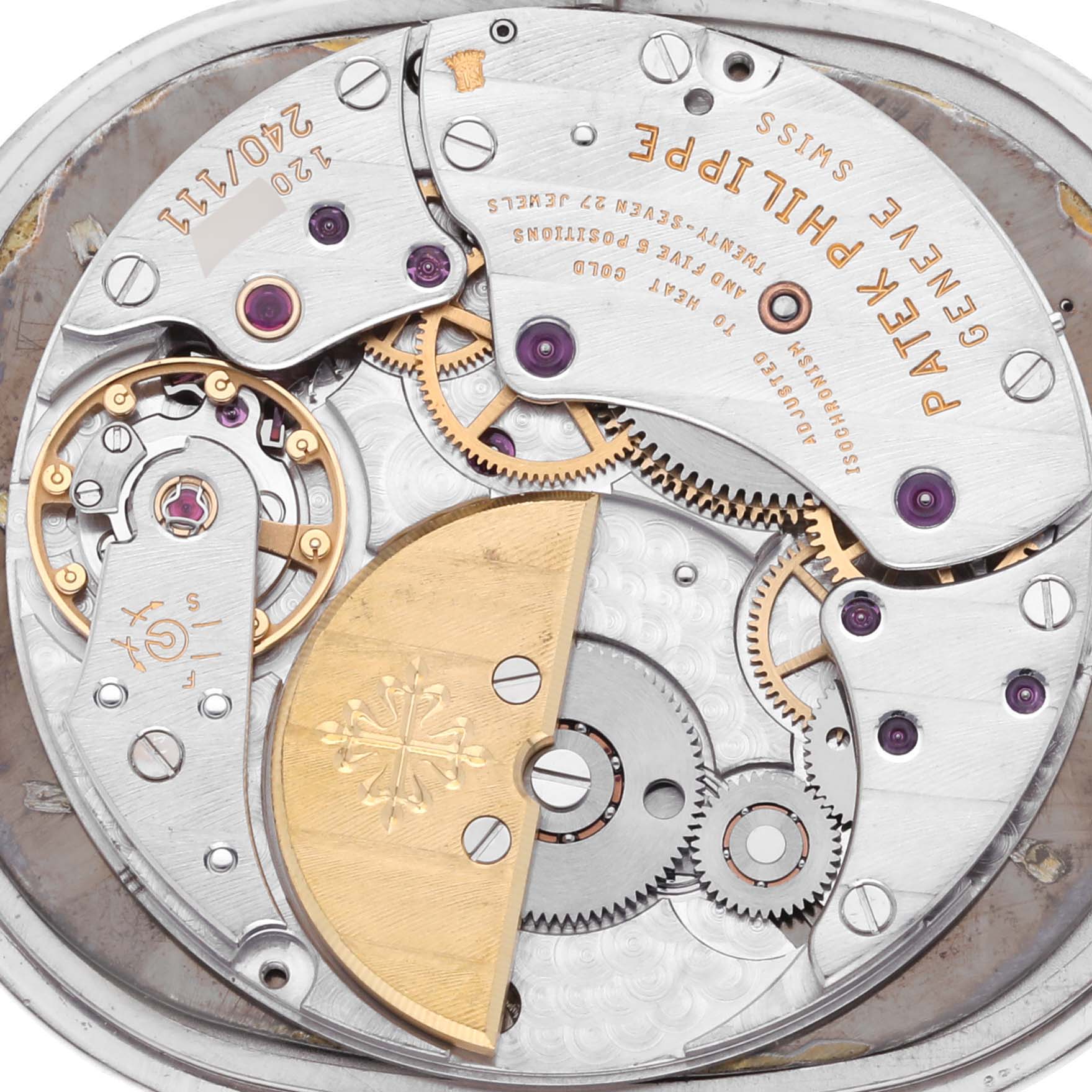 The image shows the intricate movement parts of the Patek Philippe Golden Ellipse 3738/100G Men's White Gold Grey Dial 3738/100G Men's White Gold Grey Dial watch from a top-down angle.