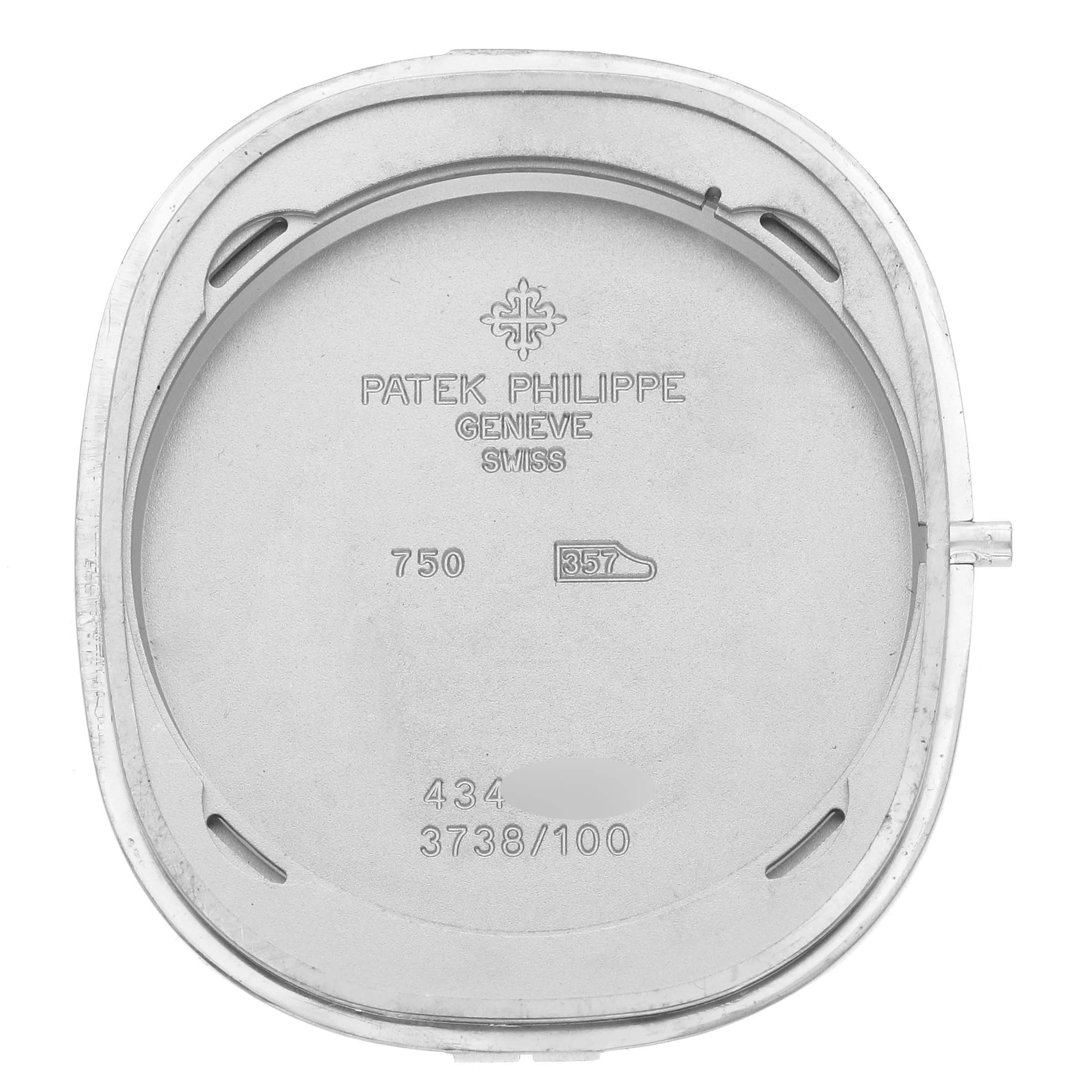 The image shows the back casing of a Patek Philippe Golden Ellipse 3738/100G Men's White Gold Grey Dial 3738/100G Men's White Gold Grey Dial watch with brand engravings.