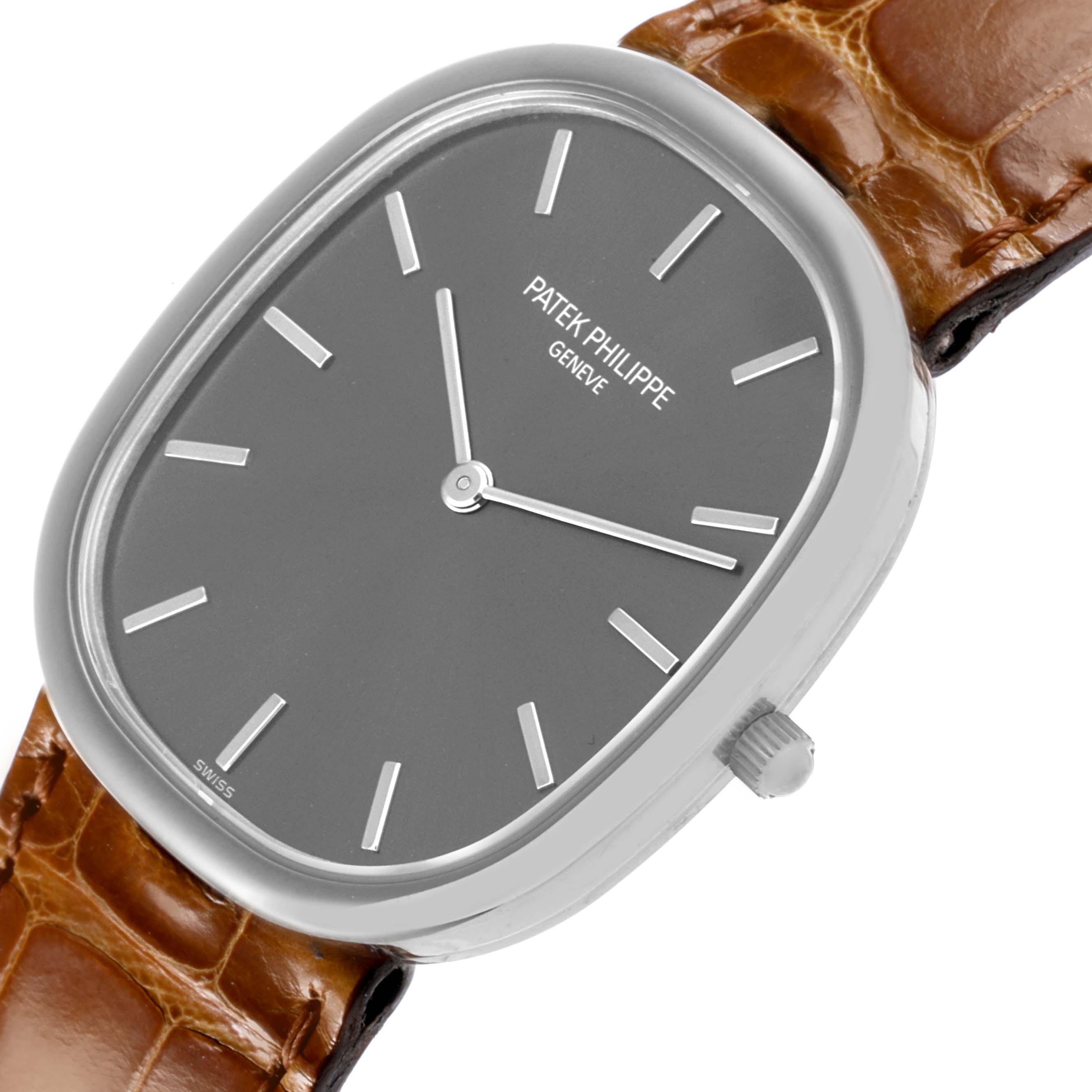 The Patek Philippe Golden Ellipse 3738/100G Men's White Gold Grey Dial 3738/100G Men's White Gold Grey Dial watch is shown at a slight angle, displaying the face, bezel, crown, and part of the strap.