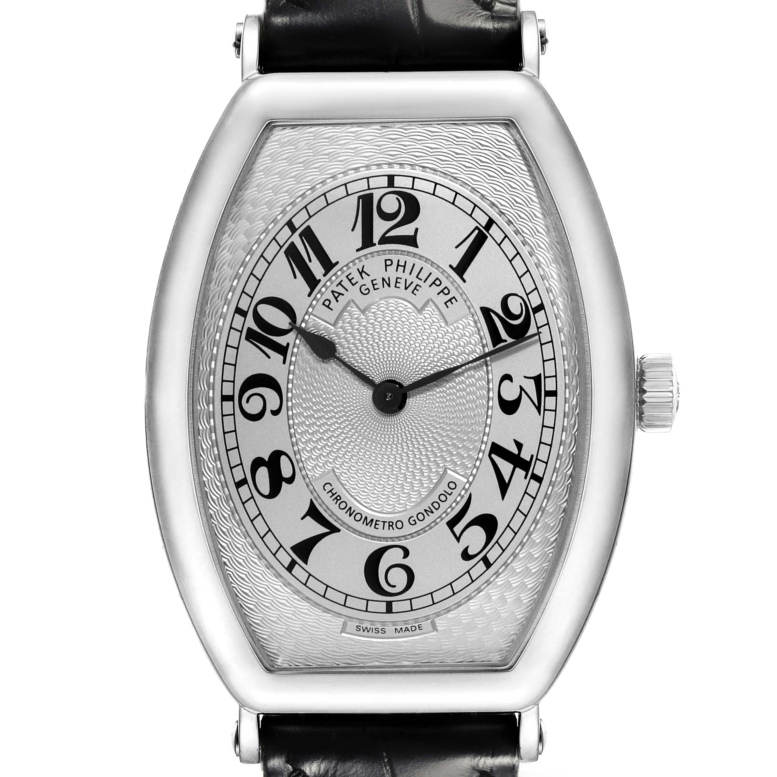 The image shows a front view of the Patek Philippe Gondolo 5098P-001 Men's Platinum Silver Dial 5098P-001 Men's Platinum Silver Dial watch, highlighting its face, hands, and crown.