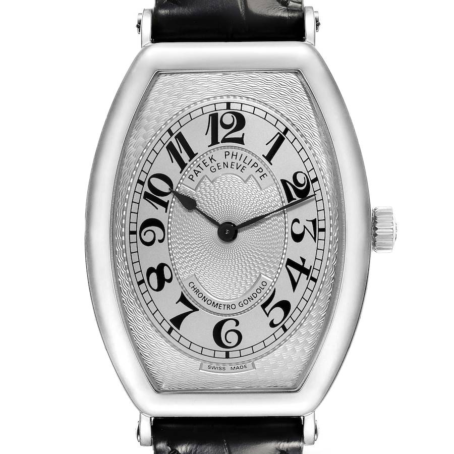 The image shows a front view of the Patek Philippe Gondolo watch, highlighting its face, hands, and crown.