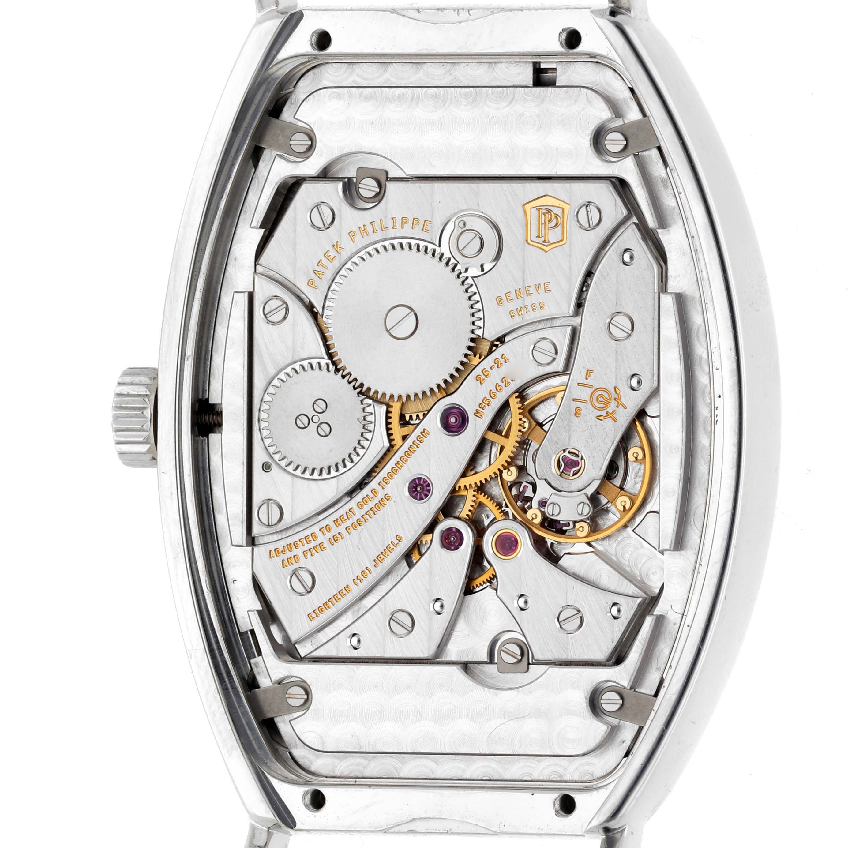 The image shows the movement and inner mechanisms of the Patek Philippe Gondolo 5098P-001 Men's Platinum Silver Dial 5098P-001 Men's Platinum Silver Dial watch from a rear angle.