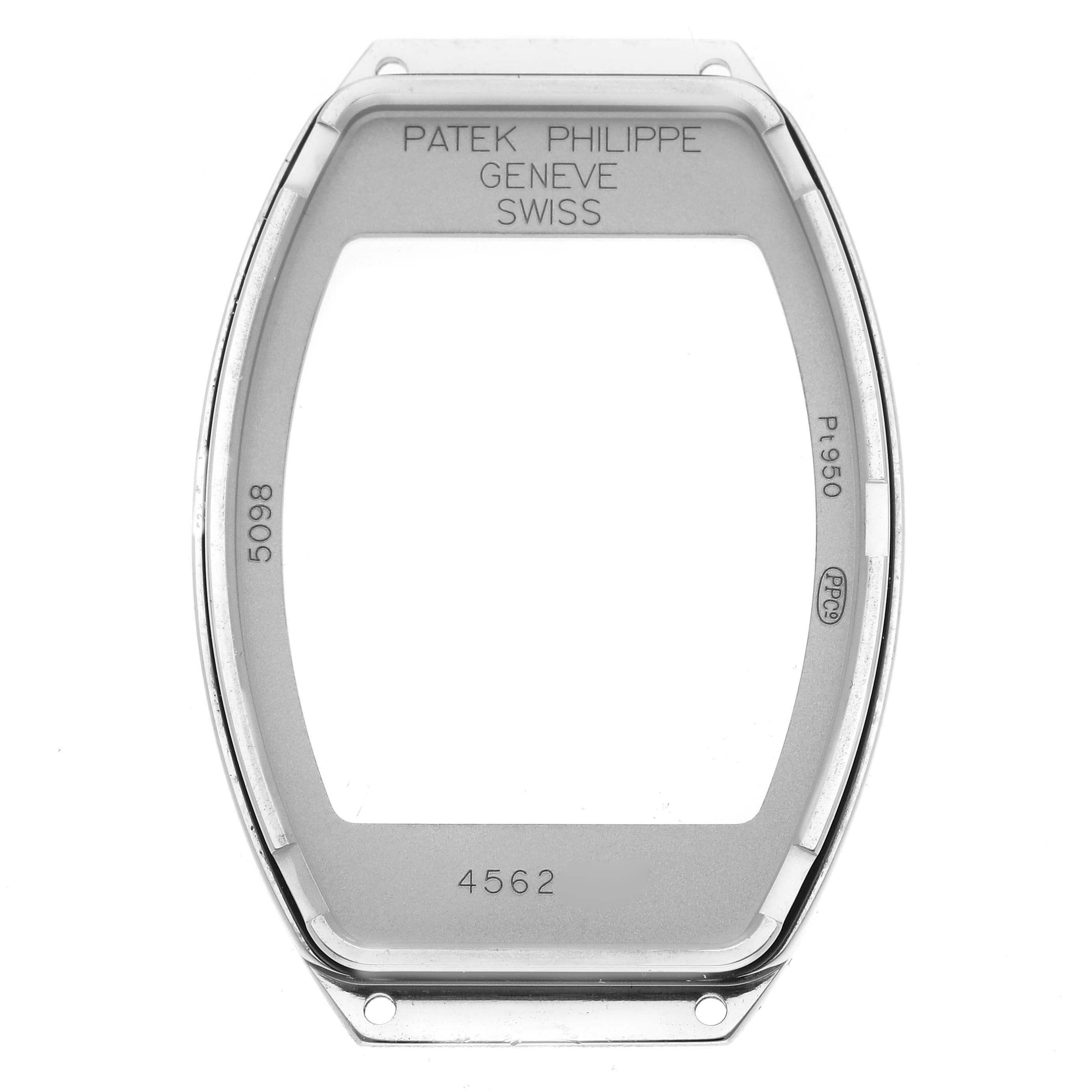 The image shows a close-up of the watch case back for a Patek Philippe Gondolo 5098P-001 Men's Platinum Silver Dial 5098P-001 Men's Platinum Silver Dial model.