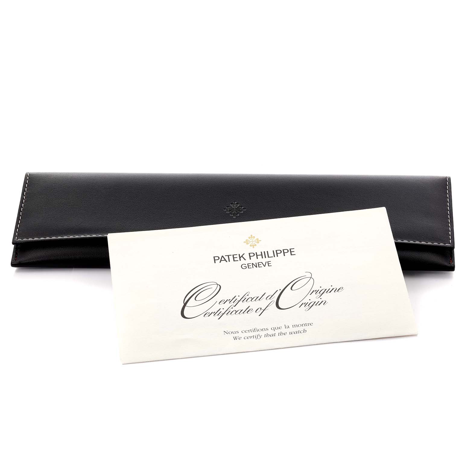 The image shows a Patek Philippe Gondolo 5098P-001 Men's Platinum Silver Dial 5098P-001 Men's Platinum Silver Dial watch pouch and a Certificate of Origin displayed from the front.