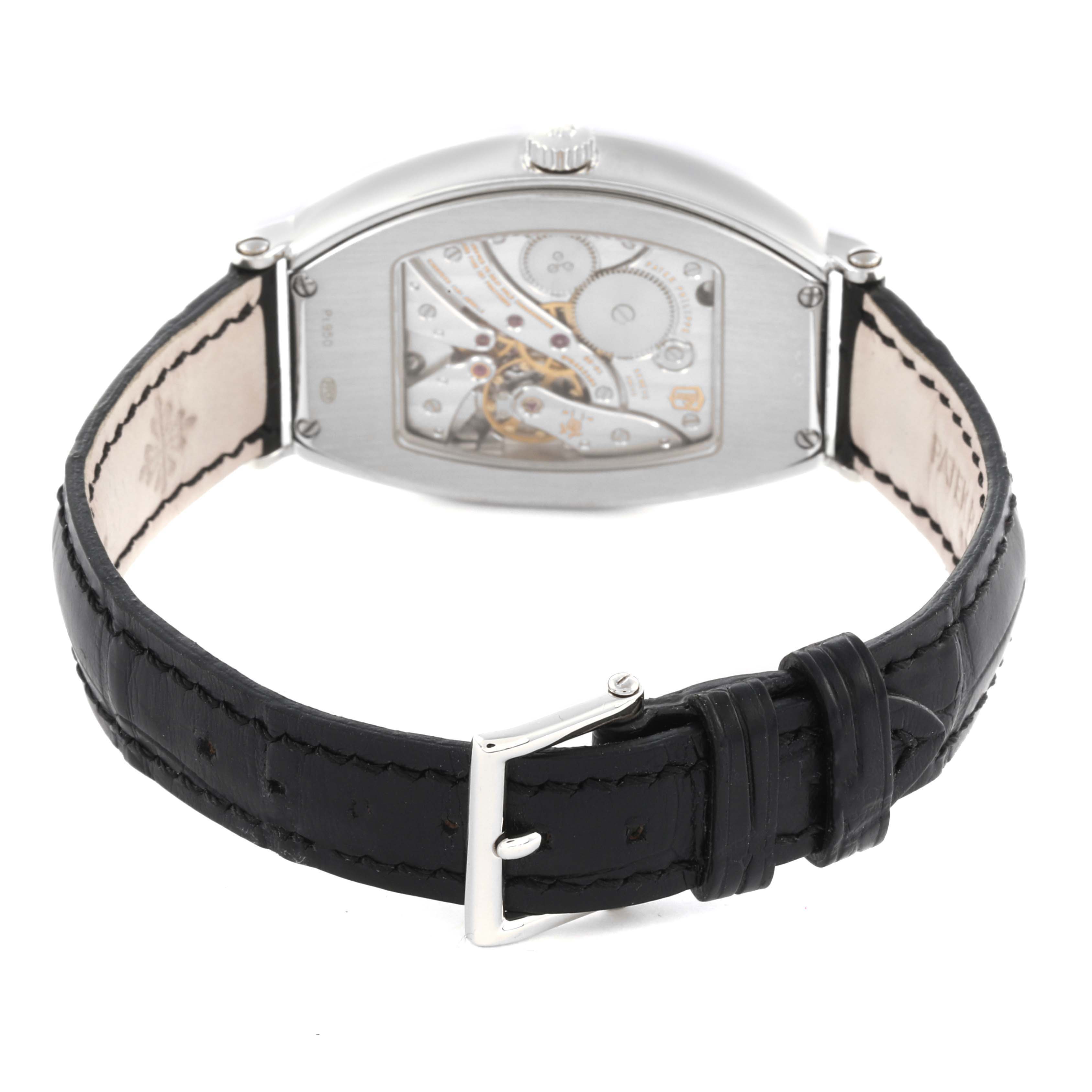 The image shows the back of a Patek Philippe Gondolo 5098P-001 Men's Platinum Silver Dial 5098P-001 Men's Platinum Silver Dial watch with a view of its movement and black leather strap.