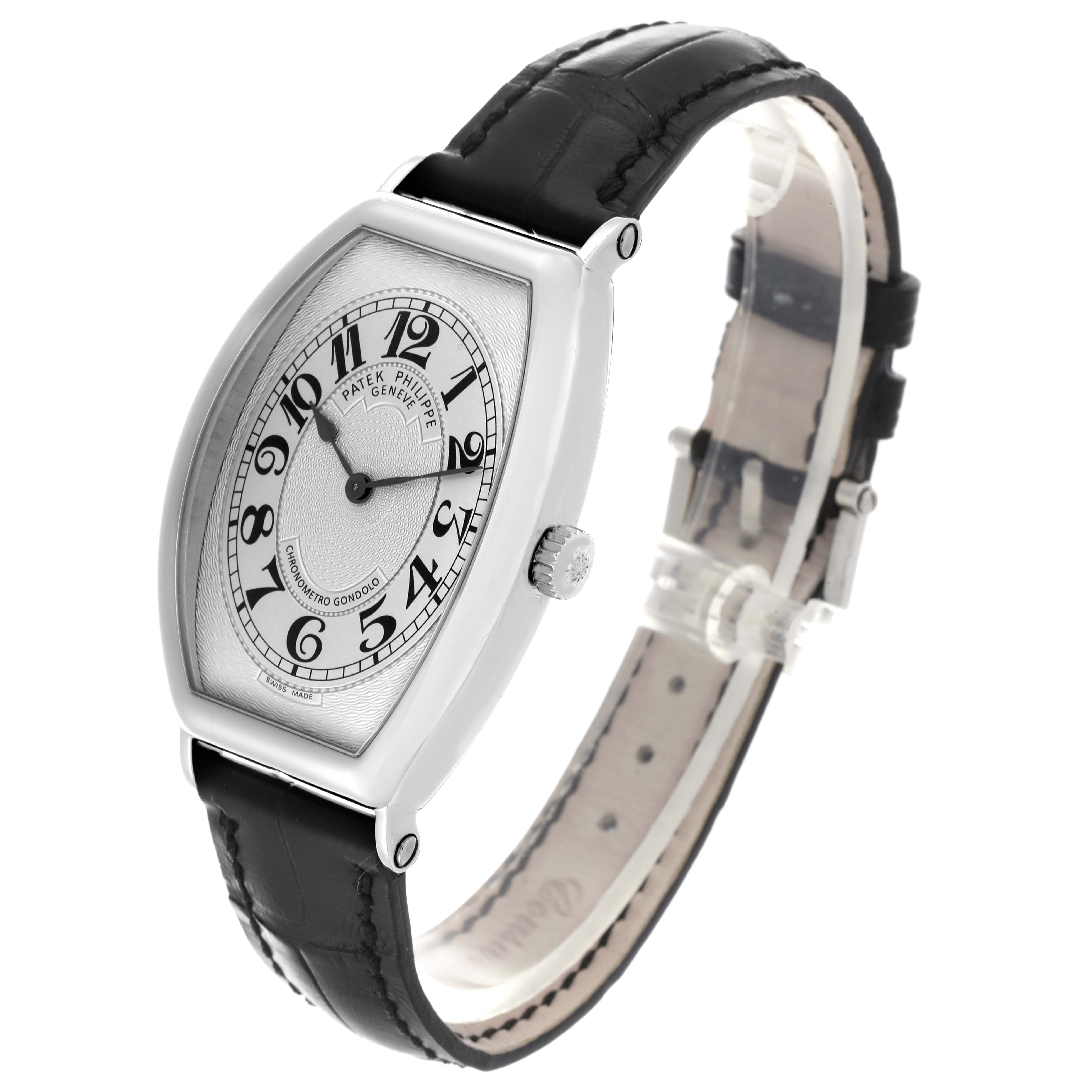 The Patek Philippe Gondolo 5098P-001 Men's Platinum Silver Dial 5098P-001 Men's Platinum Silver Dial watch is shown at a slight angle, displaying the face, case, and black leather strap.