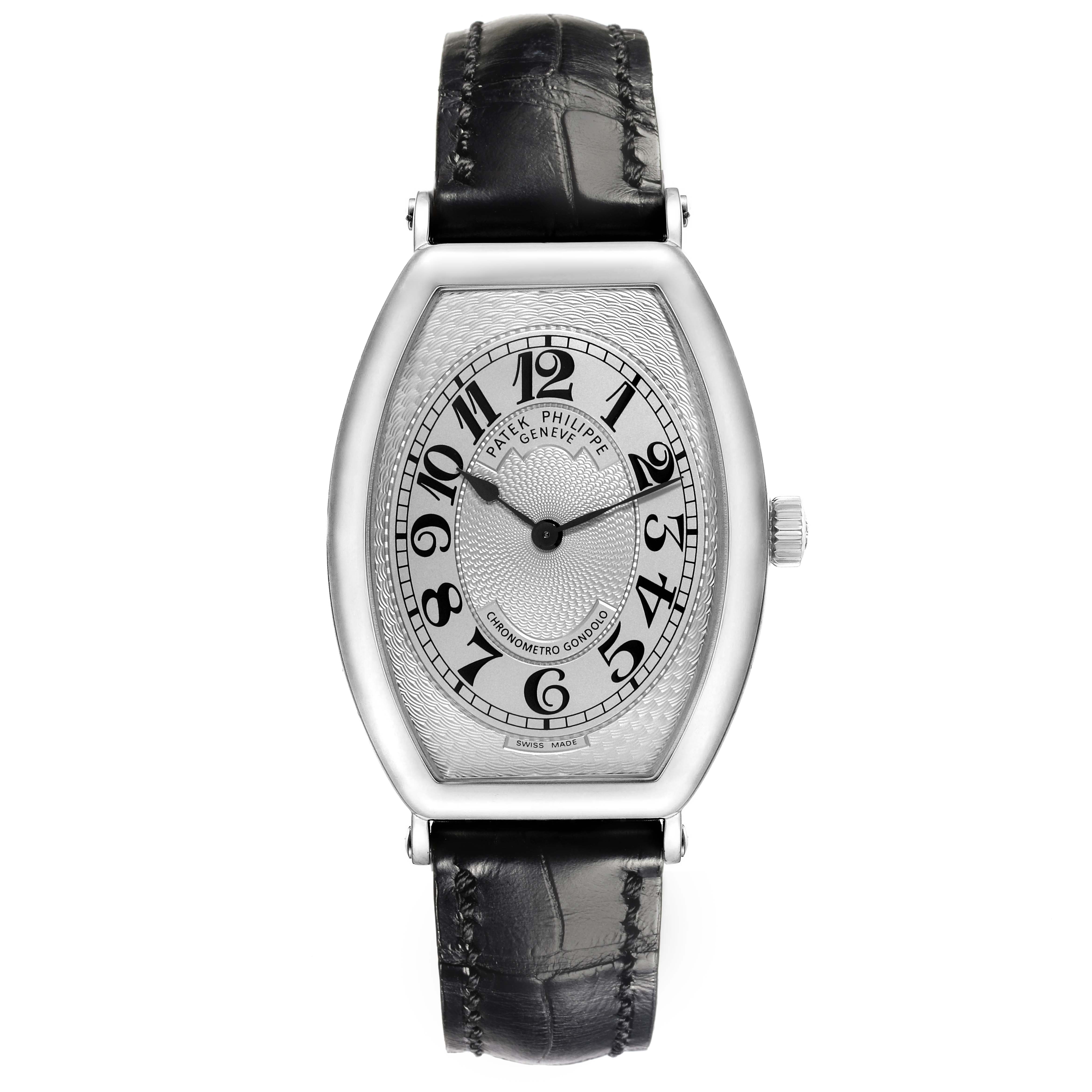 The Patek Philippe Gondolo 5098P-001 Men's Platinum Silver Dial 5098P-001 Men's Platinum Silver Dial watch is shown from a front view, displaying the full face, case, and black strap.