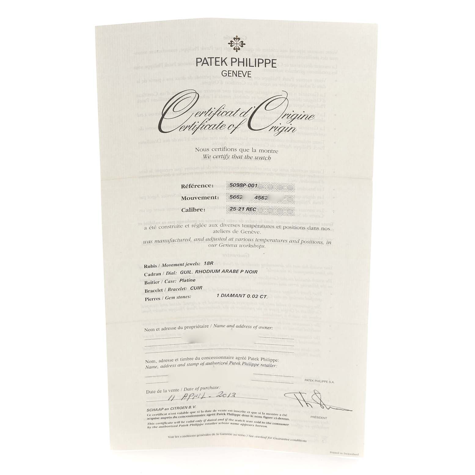 The image shows a Certificate of Origin for a Patek Philippe Gondolo 5098P-001 Men's Platinum Silver Dial 5098P-001 Men's Platinum Silver Dial watch, displaying detailed specifications and authentication.