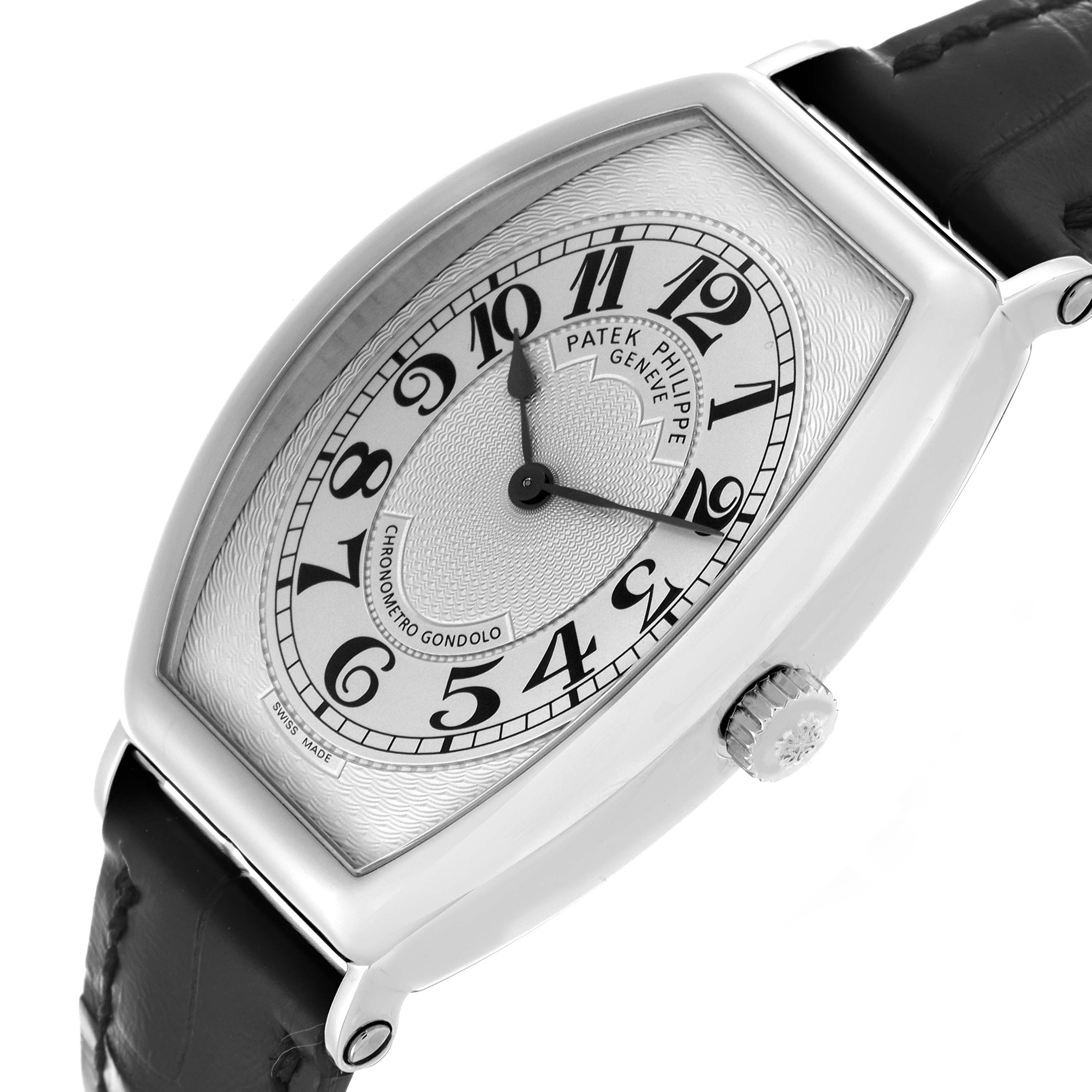 The Patek Philippe Gondolo 5098P-001 Men's Platinum Silver Dial 5098P-001 Men's Platinum Silver Dial watch is shown at a three-quarter angle, displaying the dial, casing, and crown.