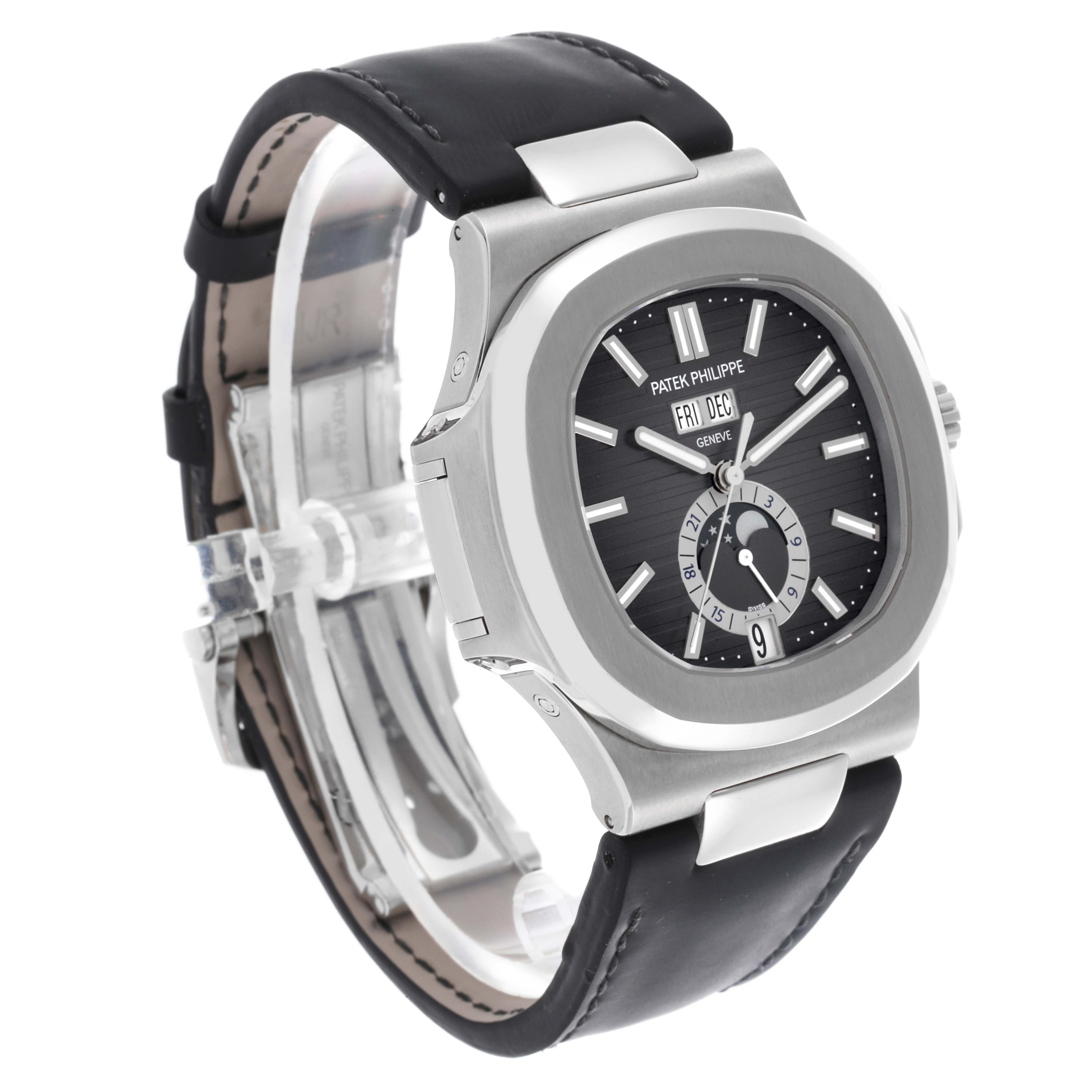 The image shows a side angle of the Patek Philippe Nautilus 5726A-001 Men's Stainless Steel Black Dial 5726A-001 Men's Stainless Steel Black Dial watch, highlighting the face, bezel, and leather strap.