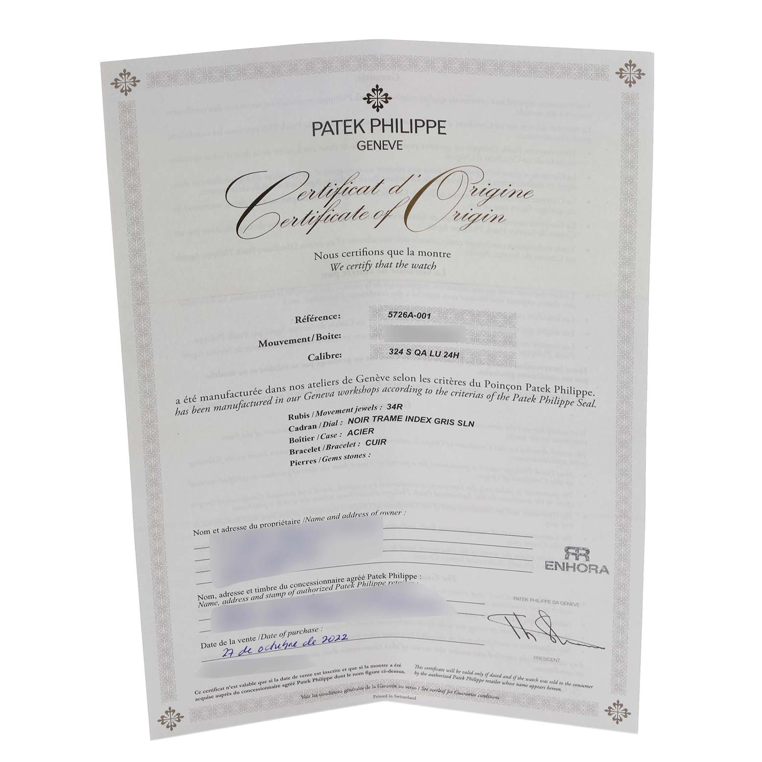 This image shows a Patek Philippe Nautilus 5726A-001 Men's Stainless Steel Black Dial 5726A-001 Men's Stainless Steel Black Dial watch Certificate of Origin from an angled view.