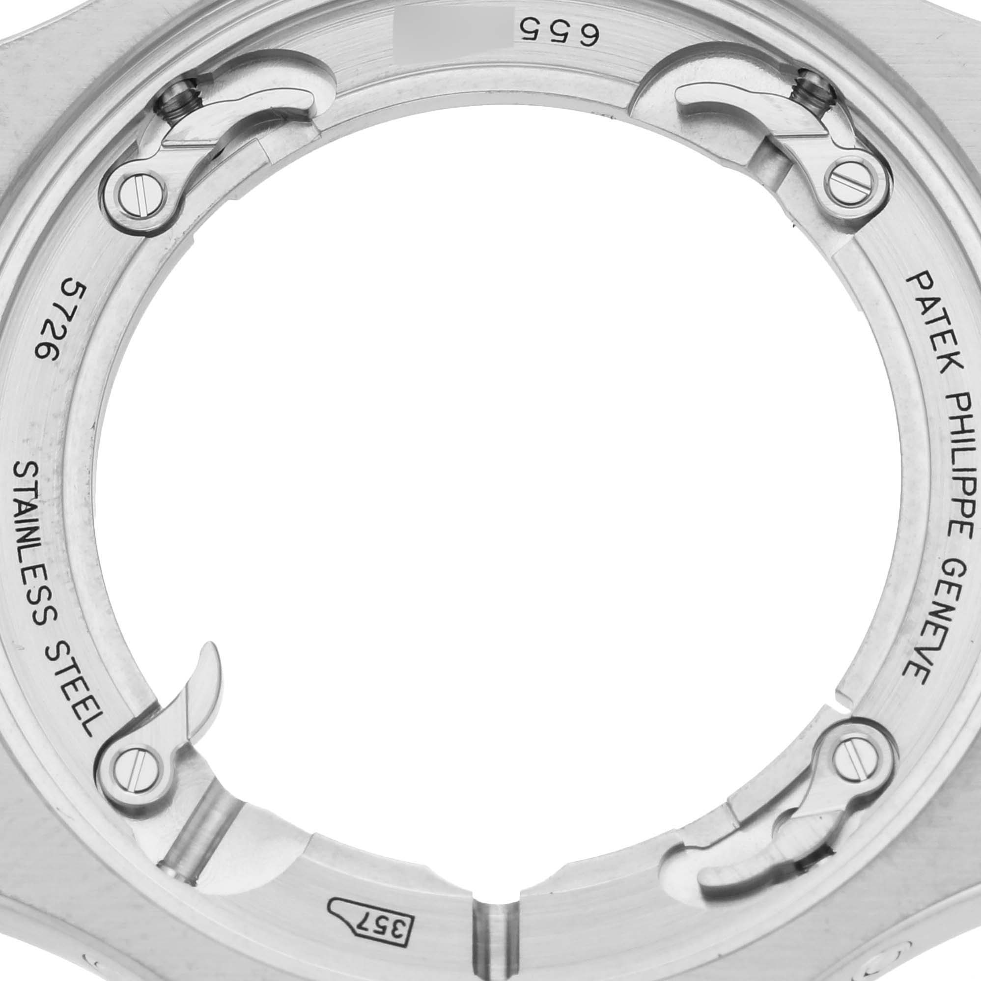 The image shows the case back and inner mechanism details of the Patek Philippe Nautilus 5726A-001 Men's Stainless Steel Black Dial 5726A-001 Men's Stainless Steel Black Dial.