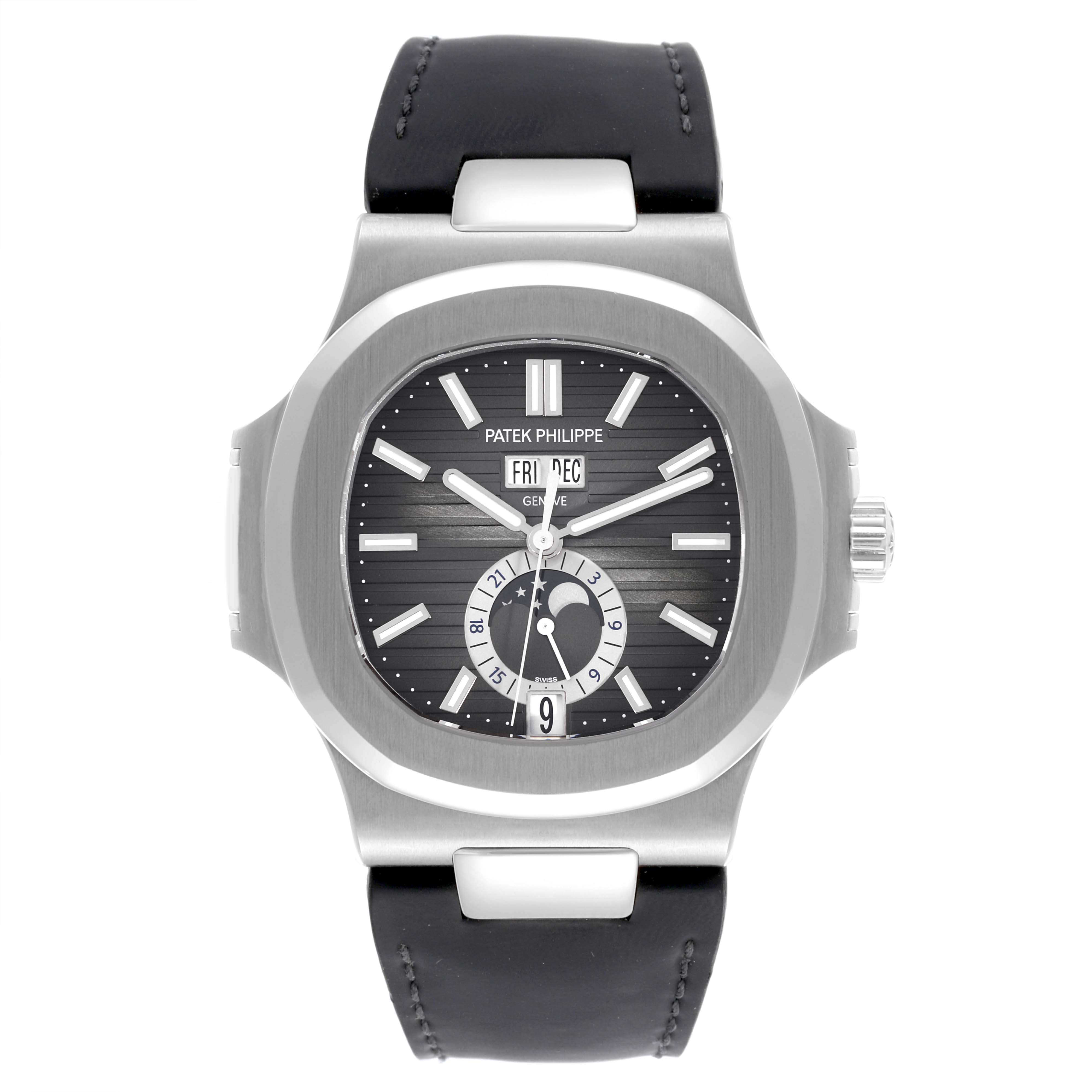 The Patek Philippe Nautilus 5726A-001 Men's Stainless Steel Black Dial 5726A-001 Men's Stainless Steel Black Dial watch is shown from a front angle, displaying the dial, bezel, and part of the strap.