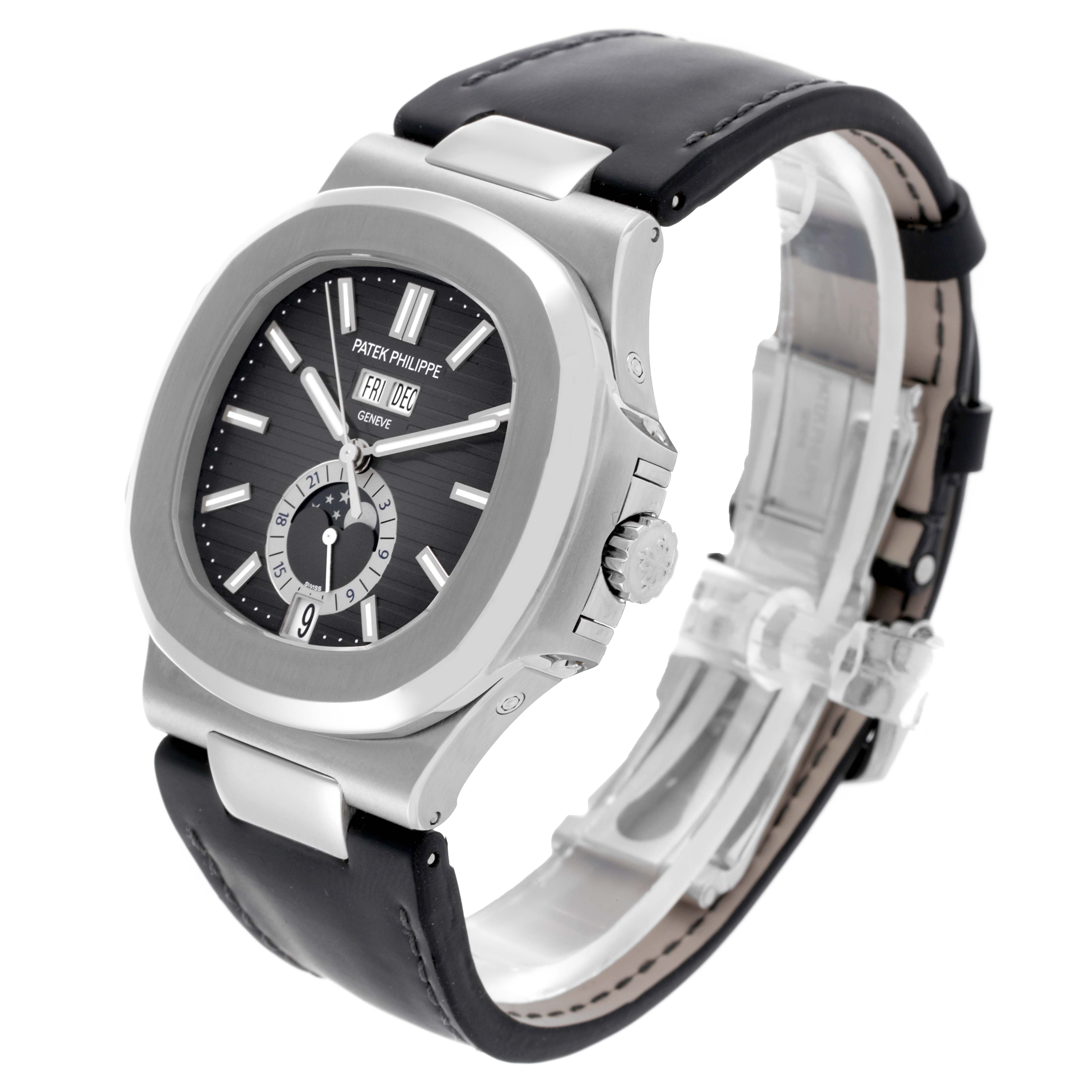 The Patek Philippe Nautilus 5726A-001 Men's Stainless Steel Black Dial 5726A-001 Men's Stainless Steel Black Dial watch is shown at a three-quarter angle, highlighting the dial, bezel, crown, and leather strap.