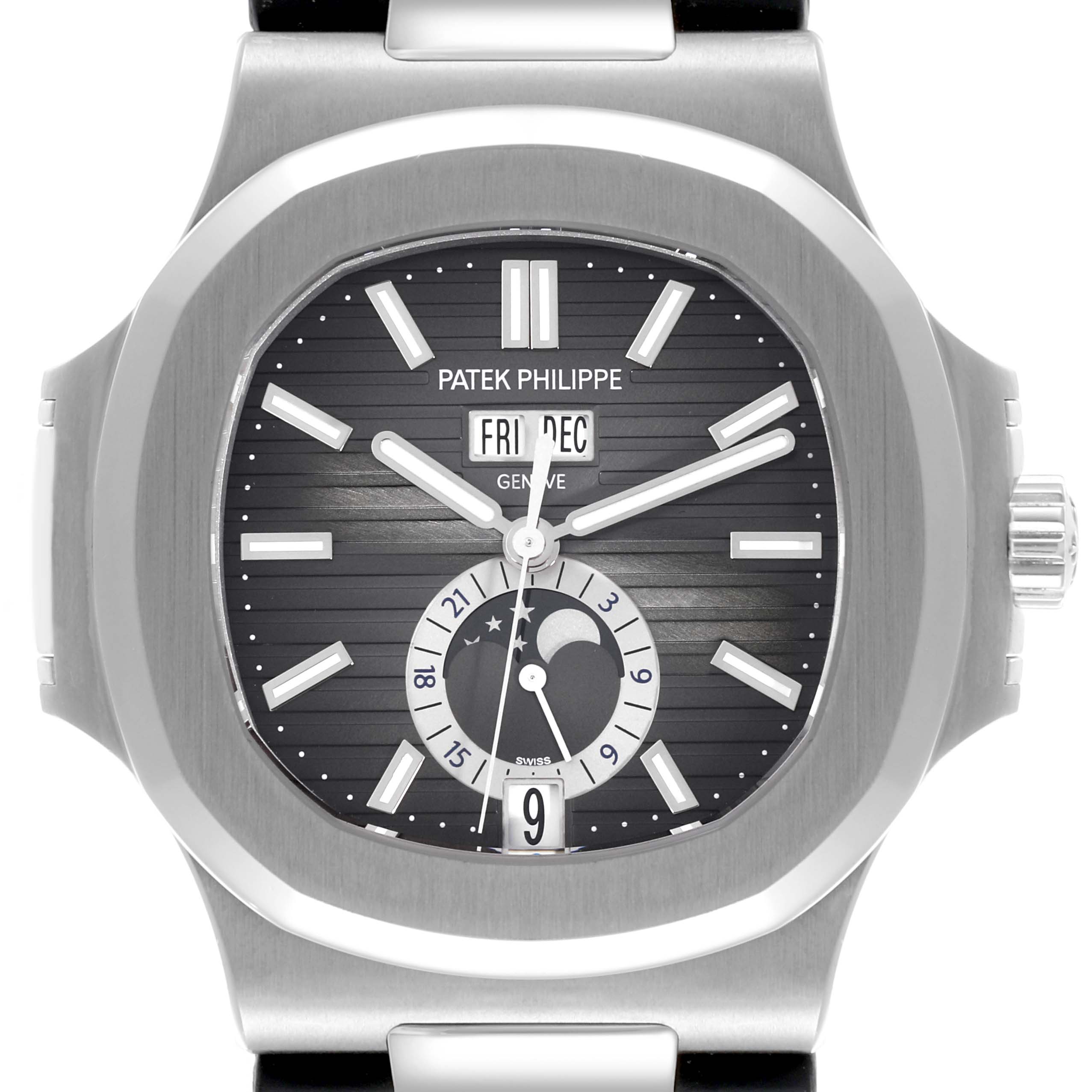 The Patek Philippe Nautilus 5726A-001 Men's Stainless Steel Black Dial 5726A-001 Men's Stainless Steel Black Dial watch is shown from the front, featuring the dial, hands, and crown.