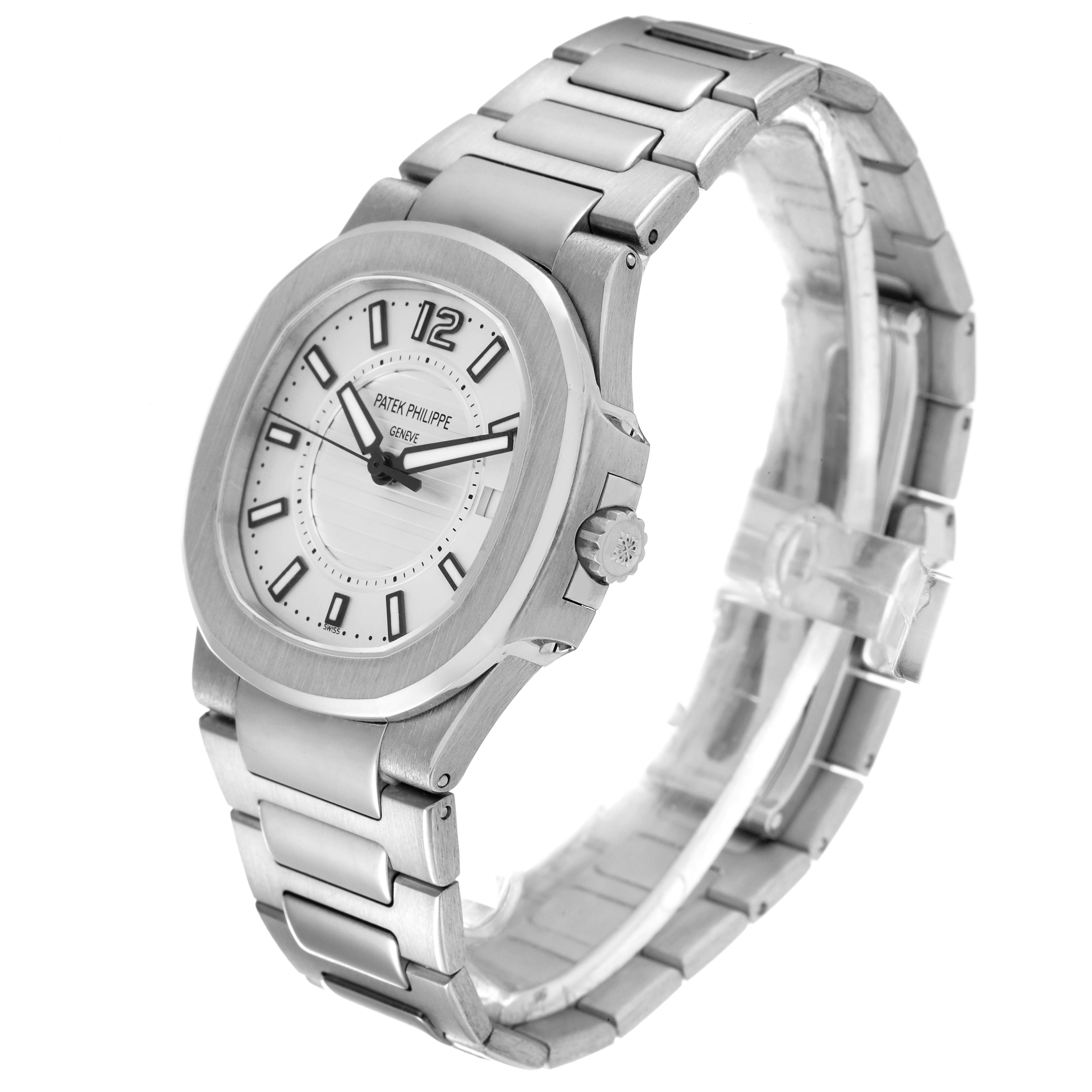 This image shows a side angle of the Patek Philippe Nautilus 7011/1G-001 Women's White Gold Silver Dial 7011/1G-001 Women's White Gold Silver Dial watch, displaying the dial, bracelet, and crown.