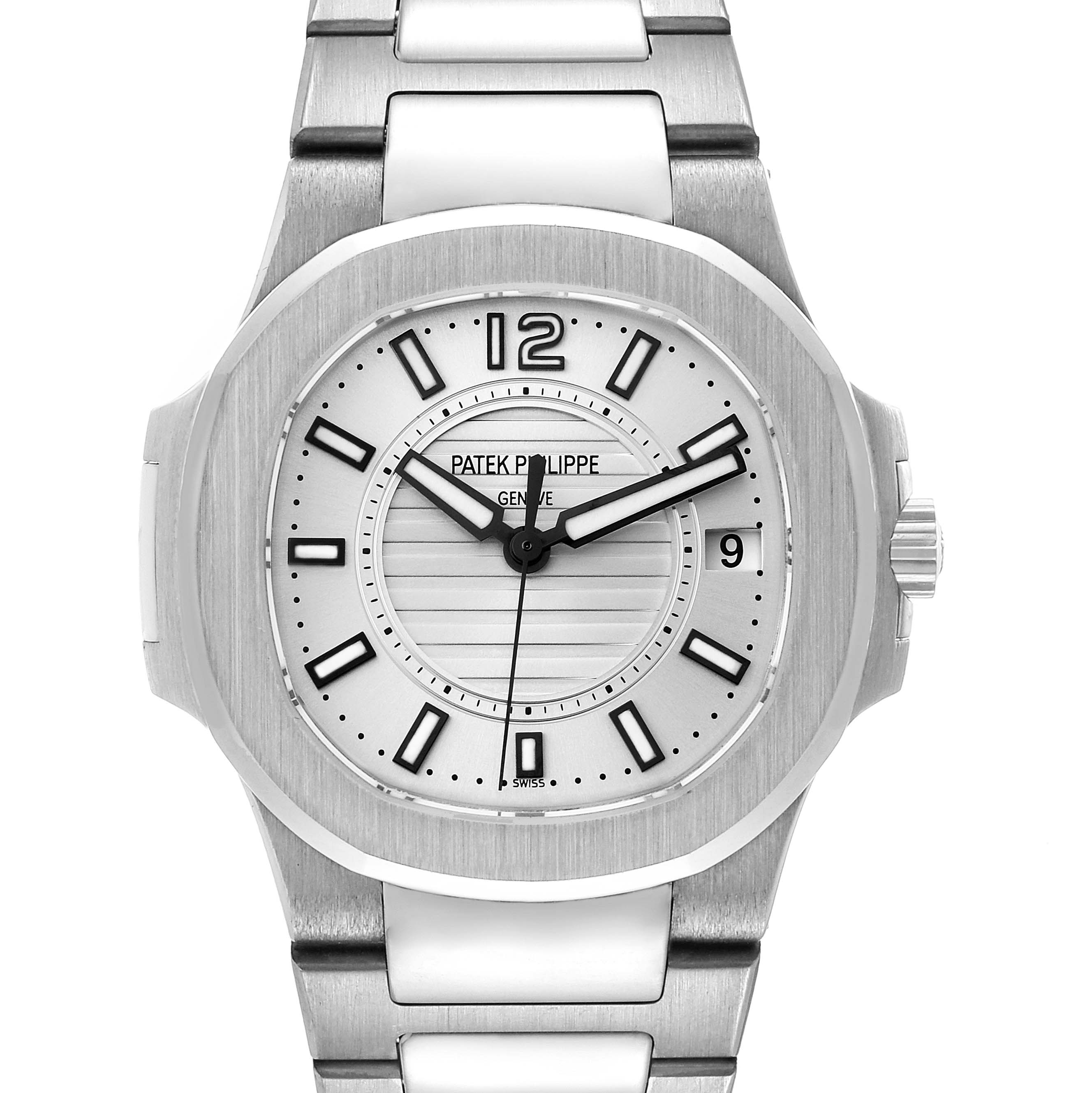 The image shows a frontal view of a Patek Philippe Nautilus 7011/1G-001 Women's White Gold Silver Dial 7011/1G-001 Women's White Gold Silver Dial watch, highlighting its dial, bezel, hands, and bracelet.