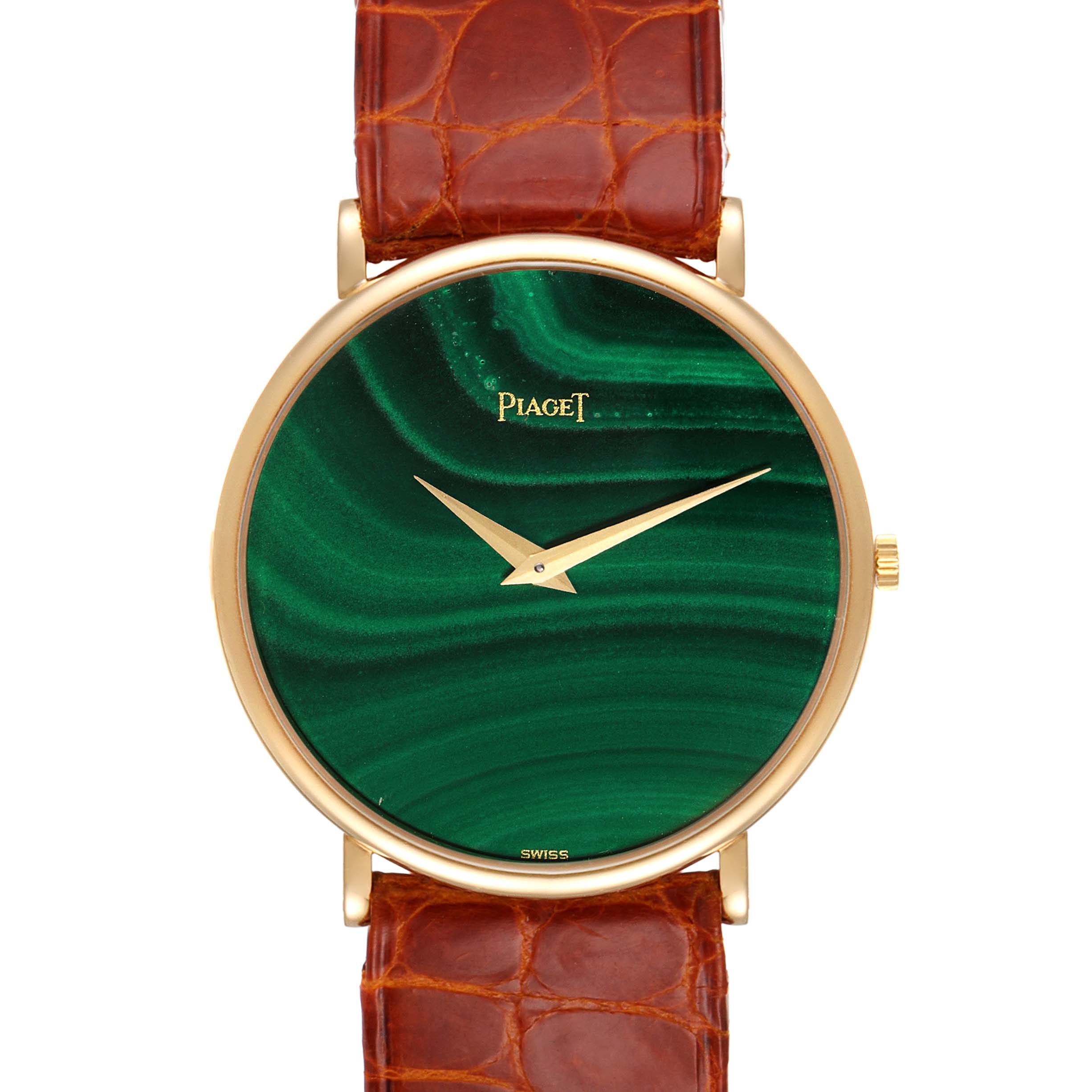 This image shows a frontal view of the Piaget 9035 Men
s Yellow Gold Green Dial 9035 Men
s Yellow Gold Green Dial Yellow Gold Malachite Stone Dial Vintage Mens Watch 9035 model, highlighting its dial, hands, and strap.