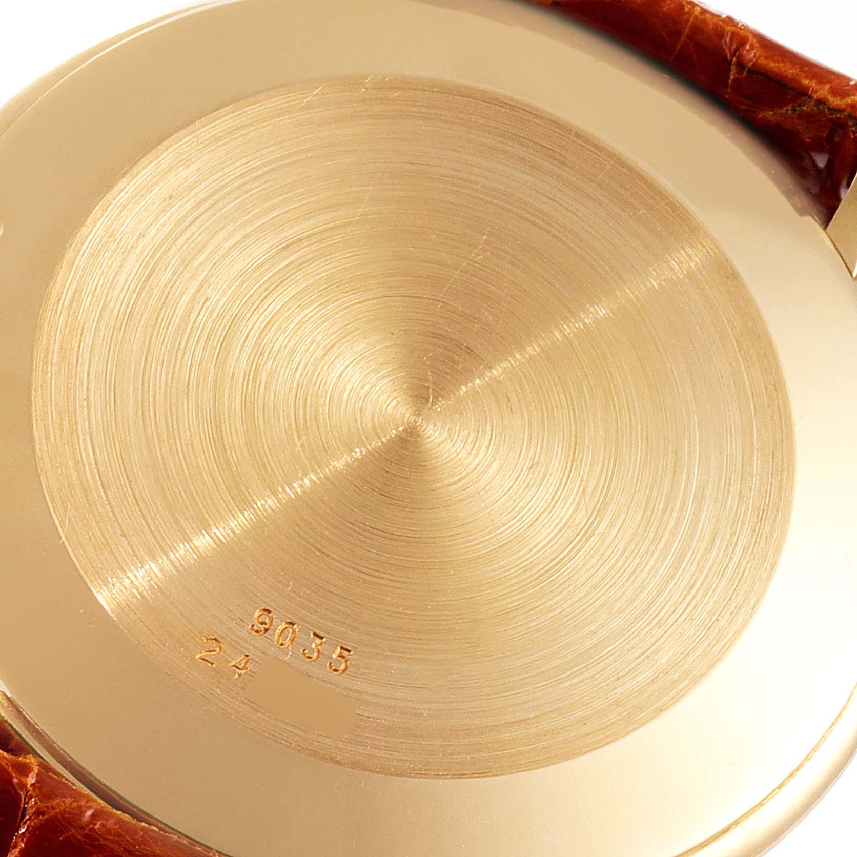 The image shows the backside of a Yellow Gold Malachite Stone Dial Vintage Mens Watch 9035 by Piaget 9035 Men
s Yellow Gold Green Dial 9035 Men
s Yellow Gold Green Dial, displaying the model number.