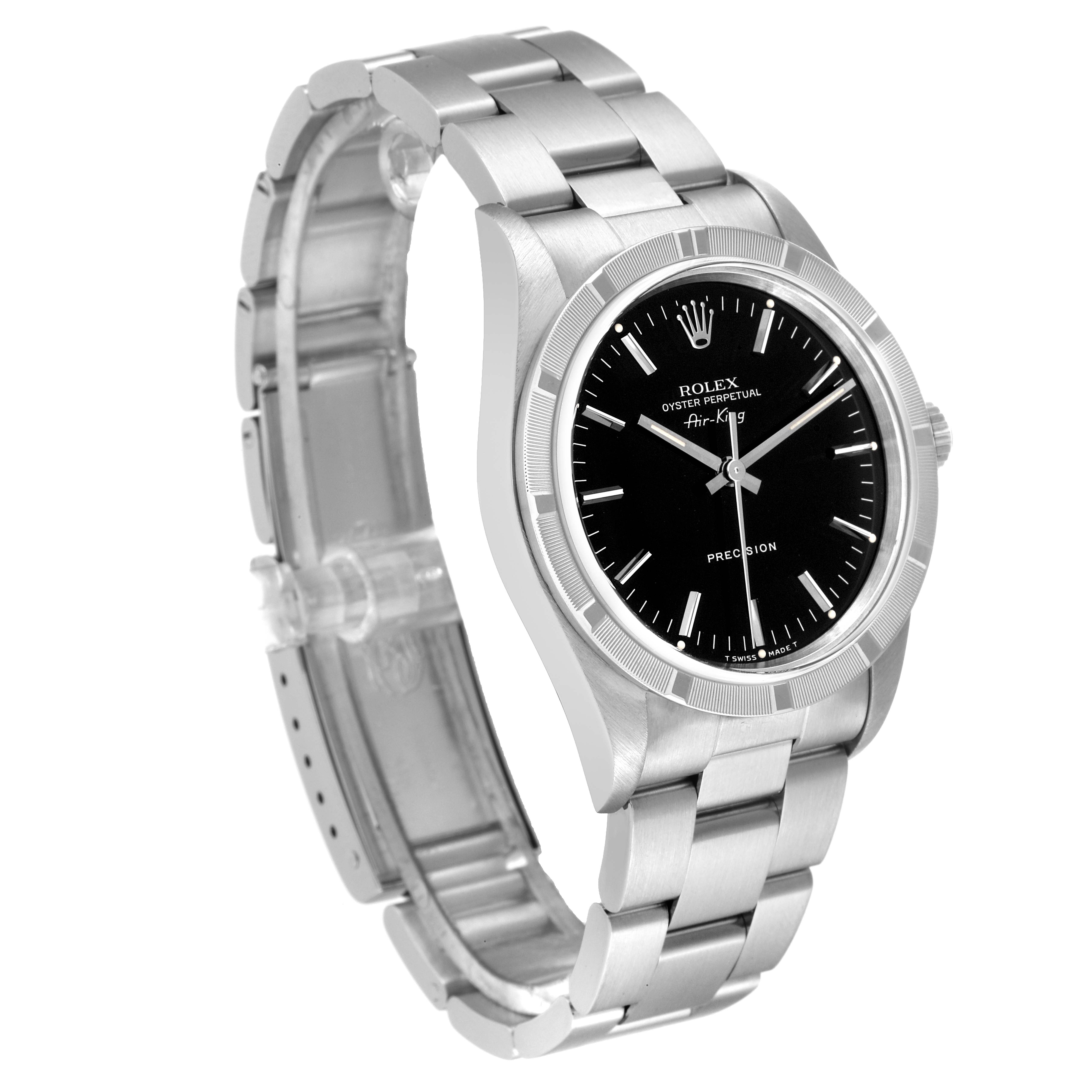 The Rolex Air-King 14010 Men's Stainless Steel Black Dial 14010 Men's Stainless Steel Black Dial watch is shown at a three-quarter angle, displaying the face, bezel, and part of the metal bracelet.