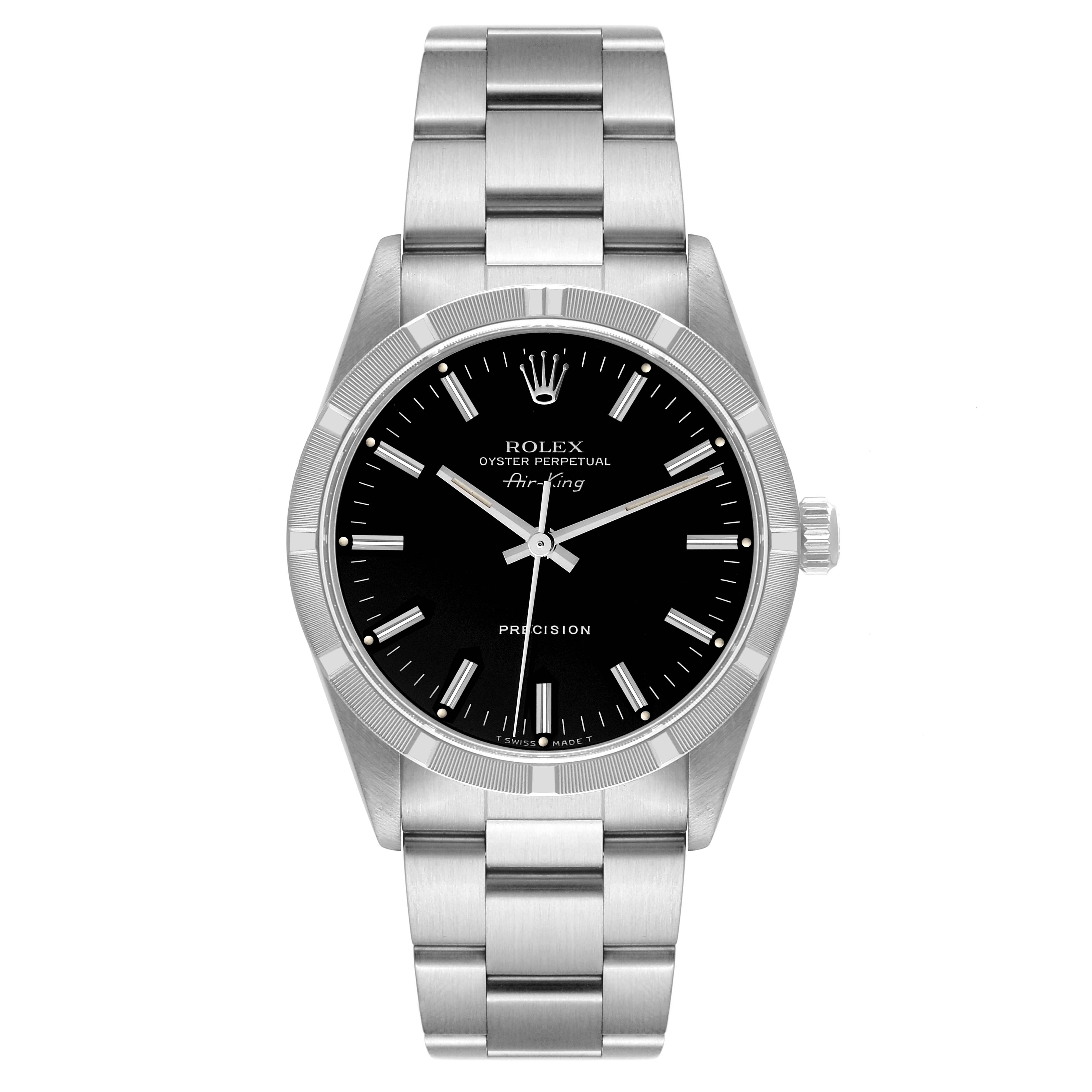 The Rolex Air-King 14010 Men's Stainless Steel Black Dial 14010 Men's Stainless Steel Black Dial watch is shown from a front view, displaying its black dial, stainless steel bezel, and bracelet.