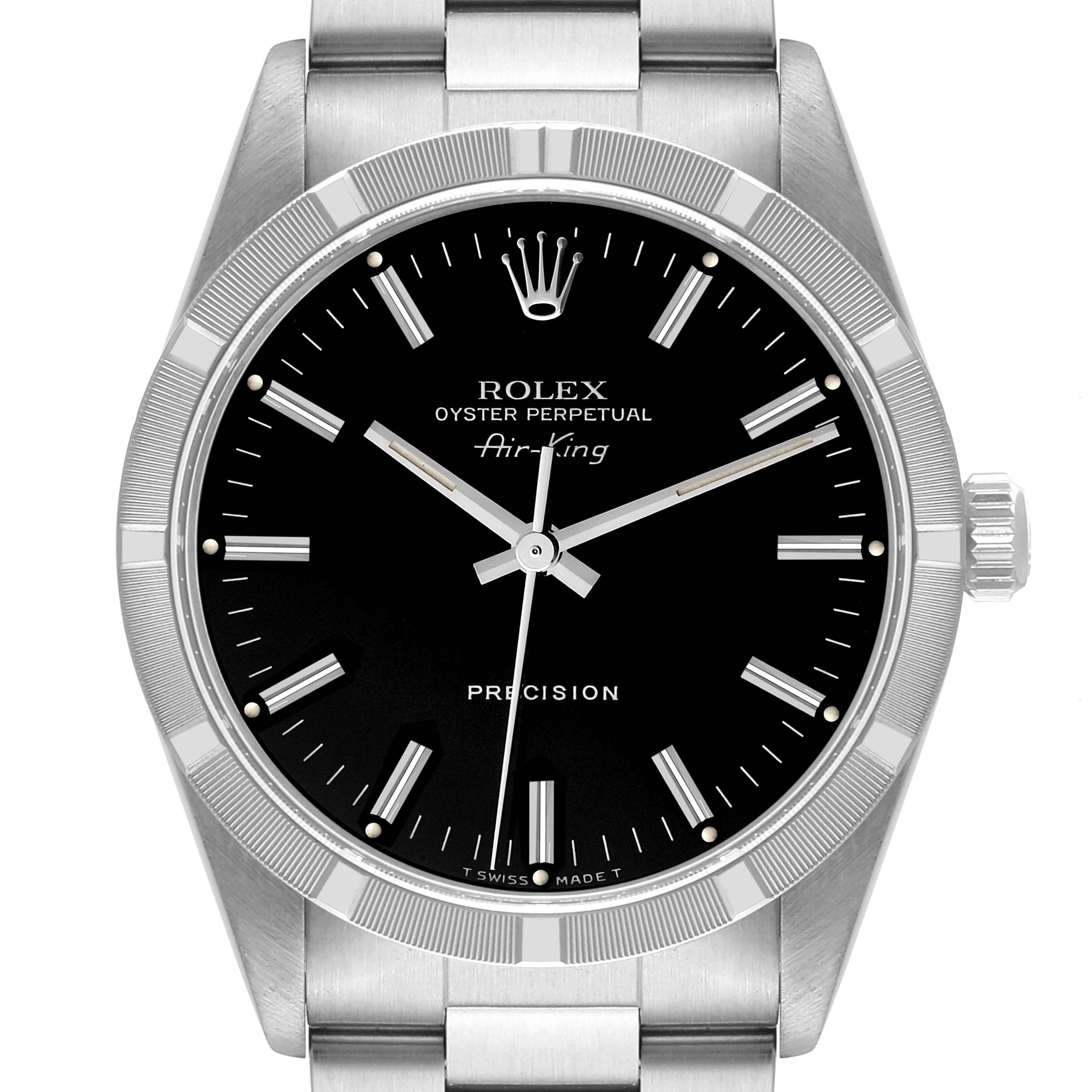 The image shows a front view of the Rolex Air-King 14010 Men's Stainless Steel Black Dial 14010 Men's Stainless Steel Black Dial, highlighting its black dial, bezel, hour markers, and crown.