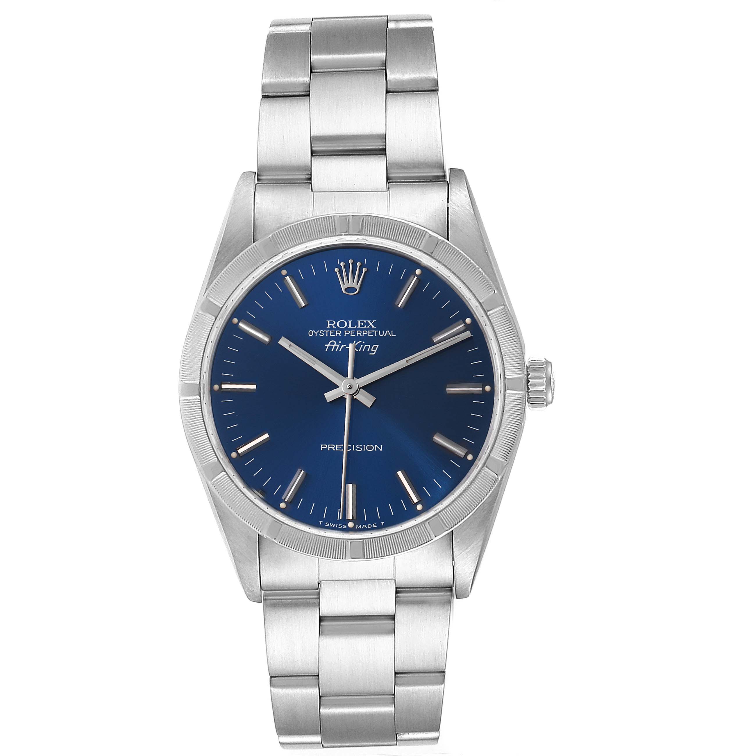 The image shows a front view of the Rolex Air-King 14010 Men's Stainless Steel Blue Dial 14010 Men's Stainless Steel Blue Dial watch, featuring its face, bezel, and bracelet.