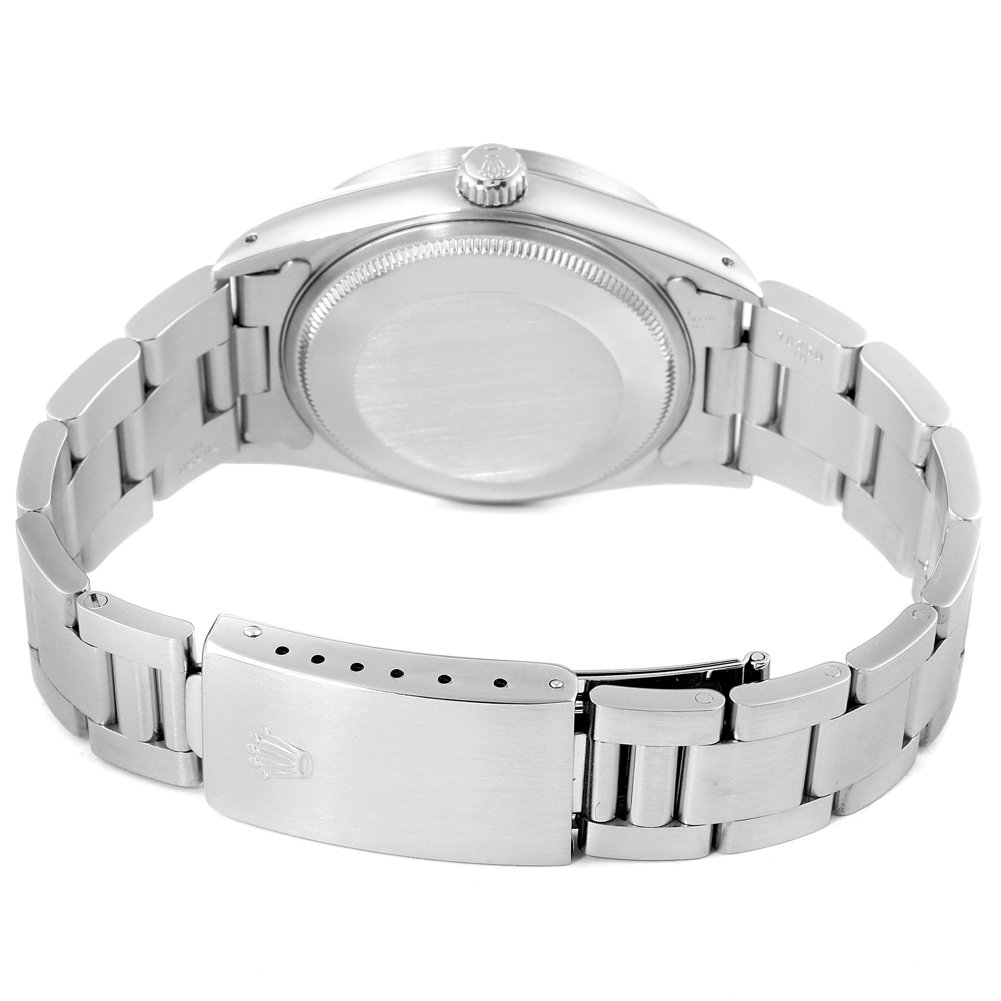 The image shows the back view of the Rolex Air-King 14010 Men's Stainless Steel Blue Dial 14010 Men's Stainless Steel Blue Dial watch, displaying the bracelet, clasp, and case back.