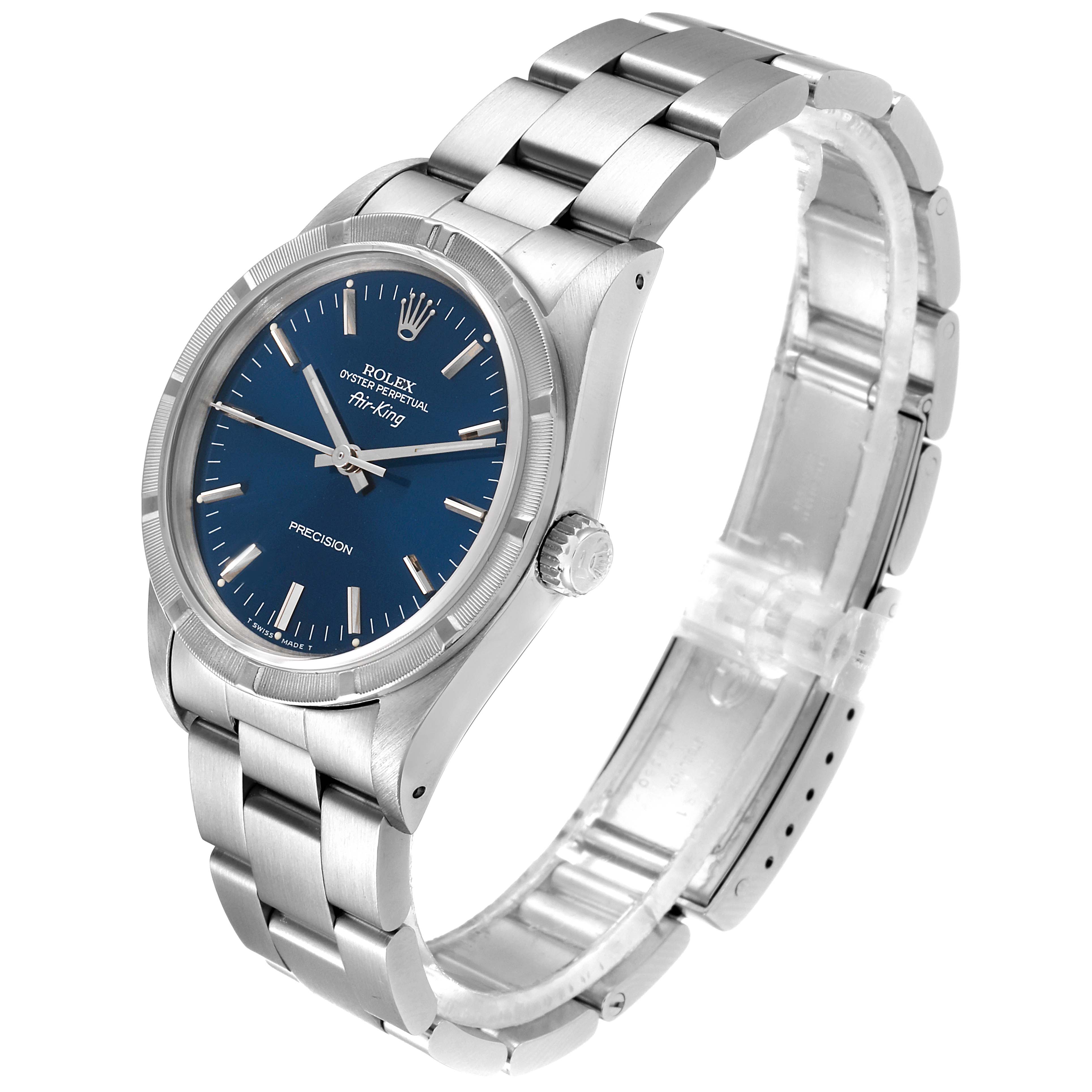 The Rolex Air-King 14010 Men's Stainless Steel Blue Dial 14010 Men's Stainless Steel Blue Dial watch is shown at a three-quarter angle, displaying the face, crown, and metal bracelet.