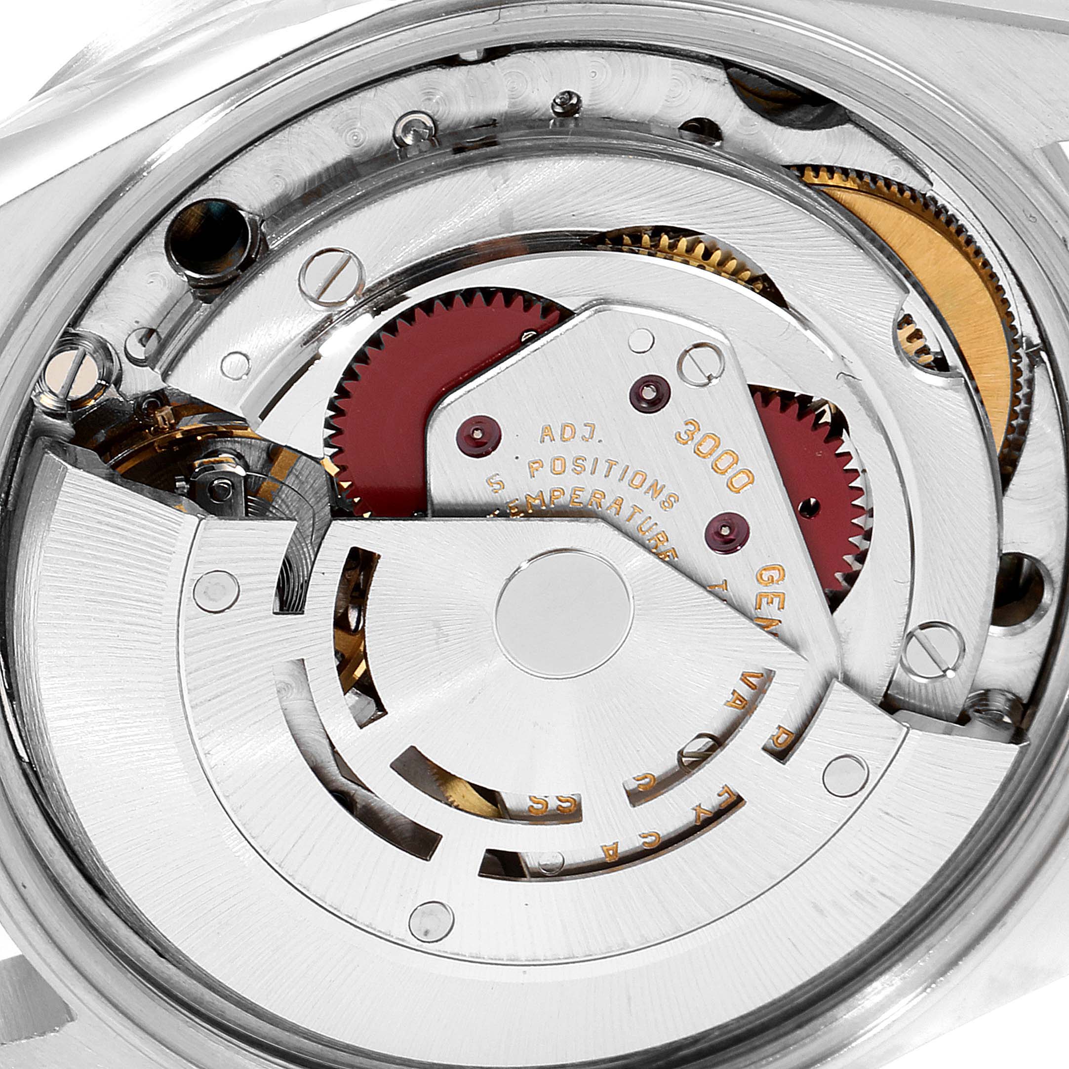 This image shows a close-up view of the movement inside a Rolex Air-King 14010 Men's Stainless Steel Blue Dial 14010 Men's Stainless Steel Blue Dial watch.