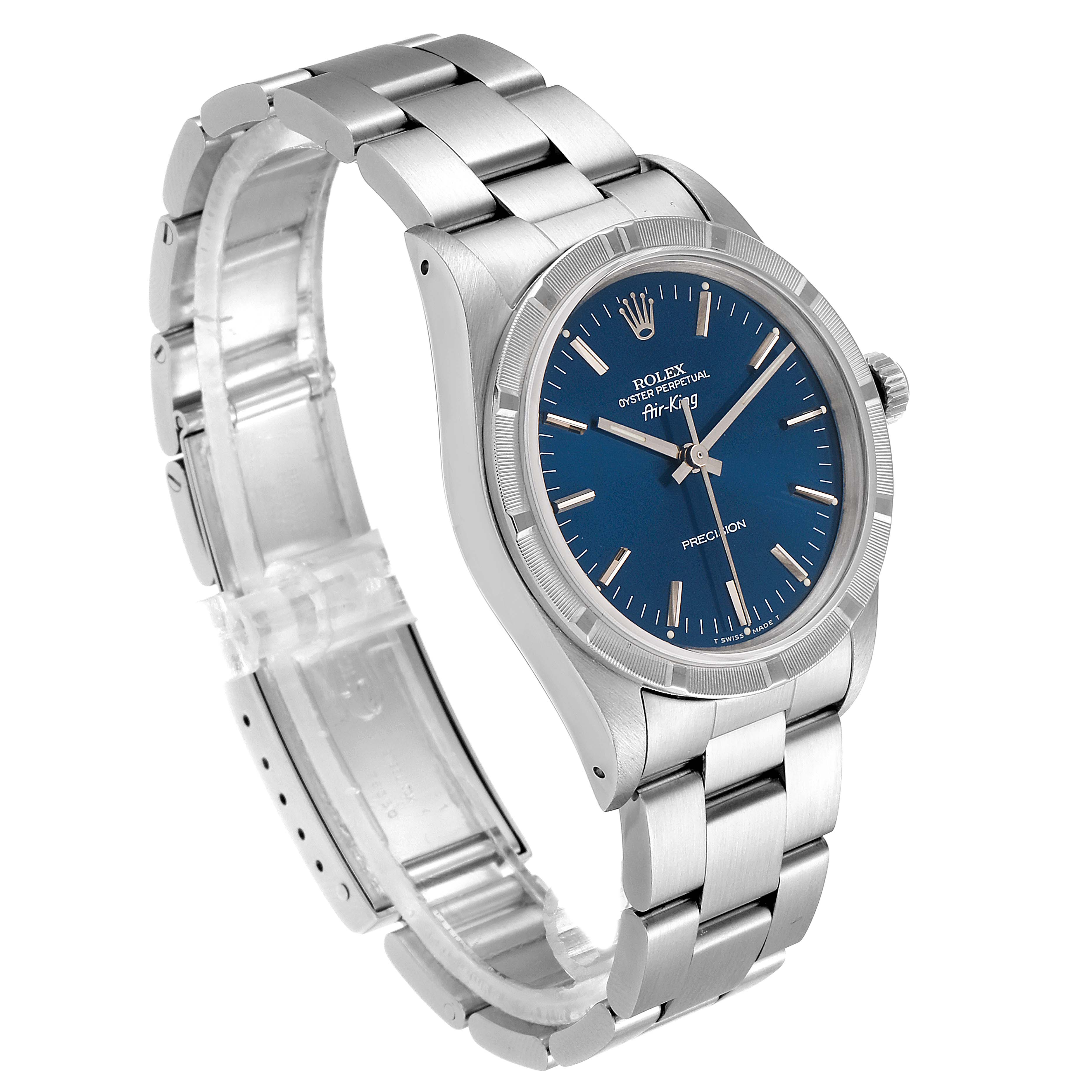 The Rolex Air-King 14010 Men's Stainless Steel Blue Dial 14010 Men's Stainless Steel Blue Dial watch is shown at an angle highlighting its blue dial, stainless steel case, and bracelet.