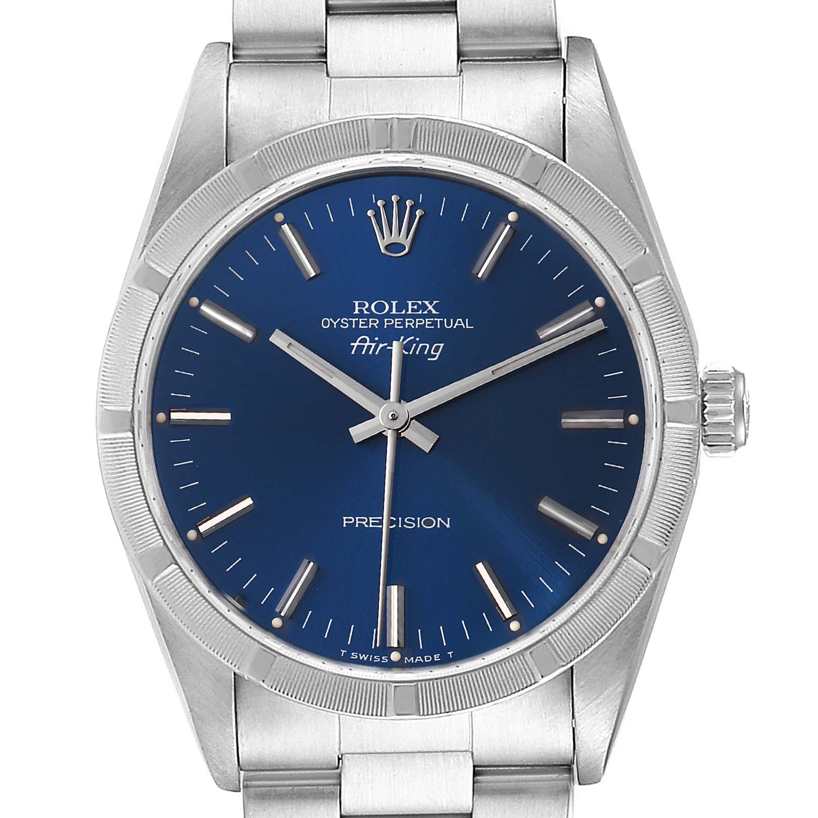 This image shows a front view of a Rolex Air-King 14010 Men's Stainless Steel Blue Dial 14010 Men's Stainless Steel Blue Dial watch, highlighting the blue dial, silver hands, crown, and stainless steel bracelet.