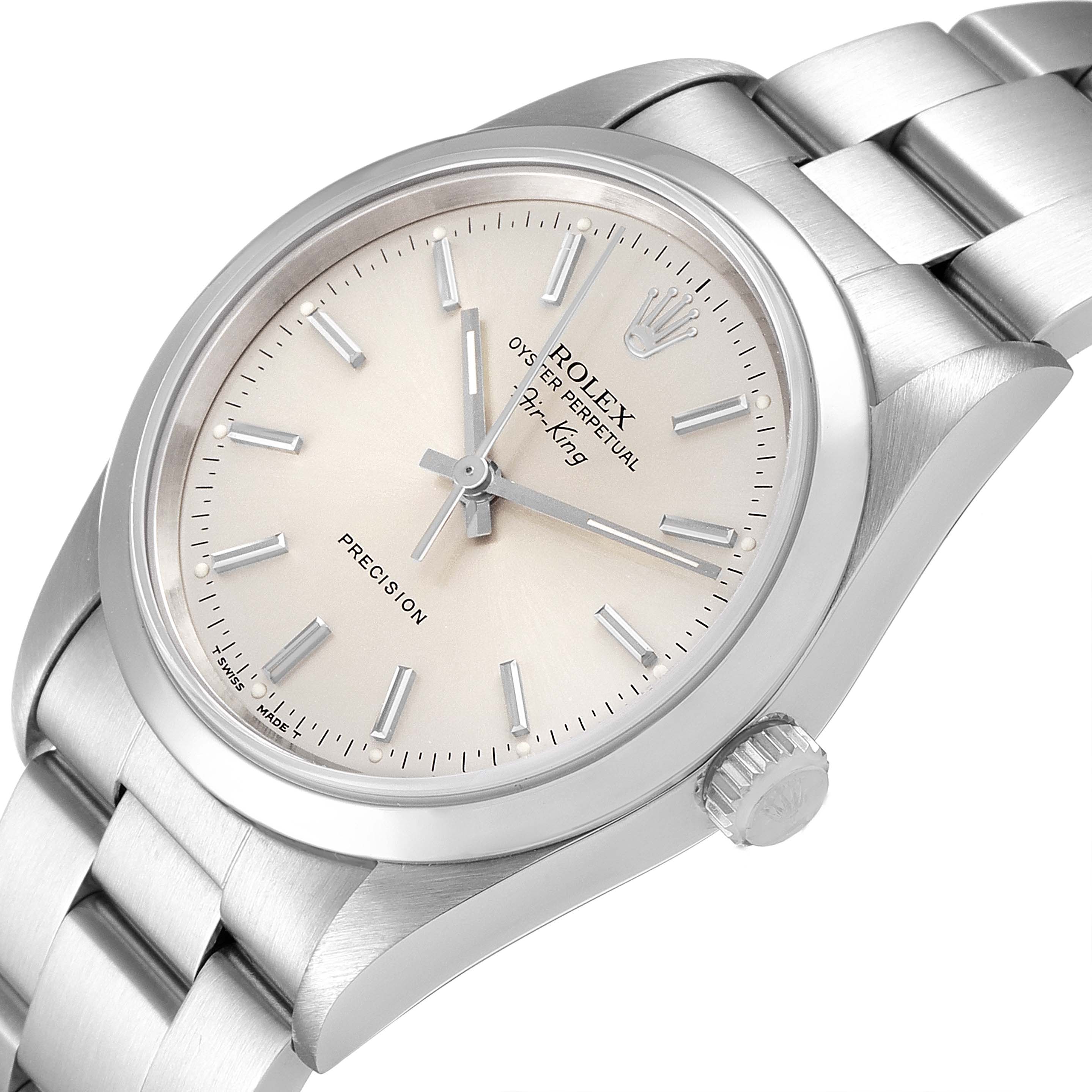 The Rolex Air-King 14000 Men's Stainless Steel Silver Dial 14000 Men's Stainless Steel Silver Dial watch is shown from an angled front view, displaying the dial, bracelet, crown, and case.