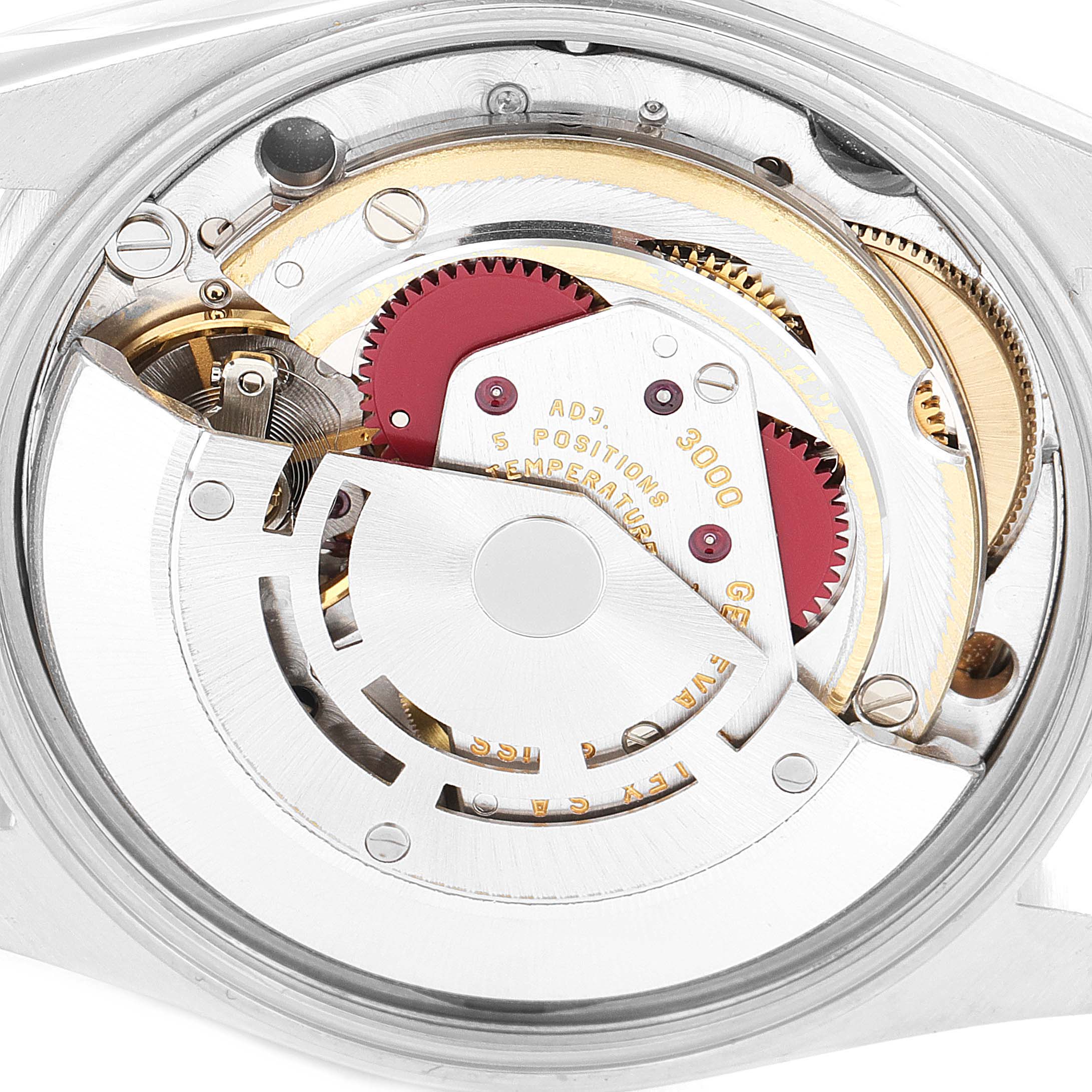 This is a close-up view of the inner movement mechanism of a Rolex Air-King 14000 Men's Stainless Steel Silver Dial 14000 Men's Stainless Steel Silver Dial watch.