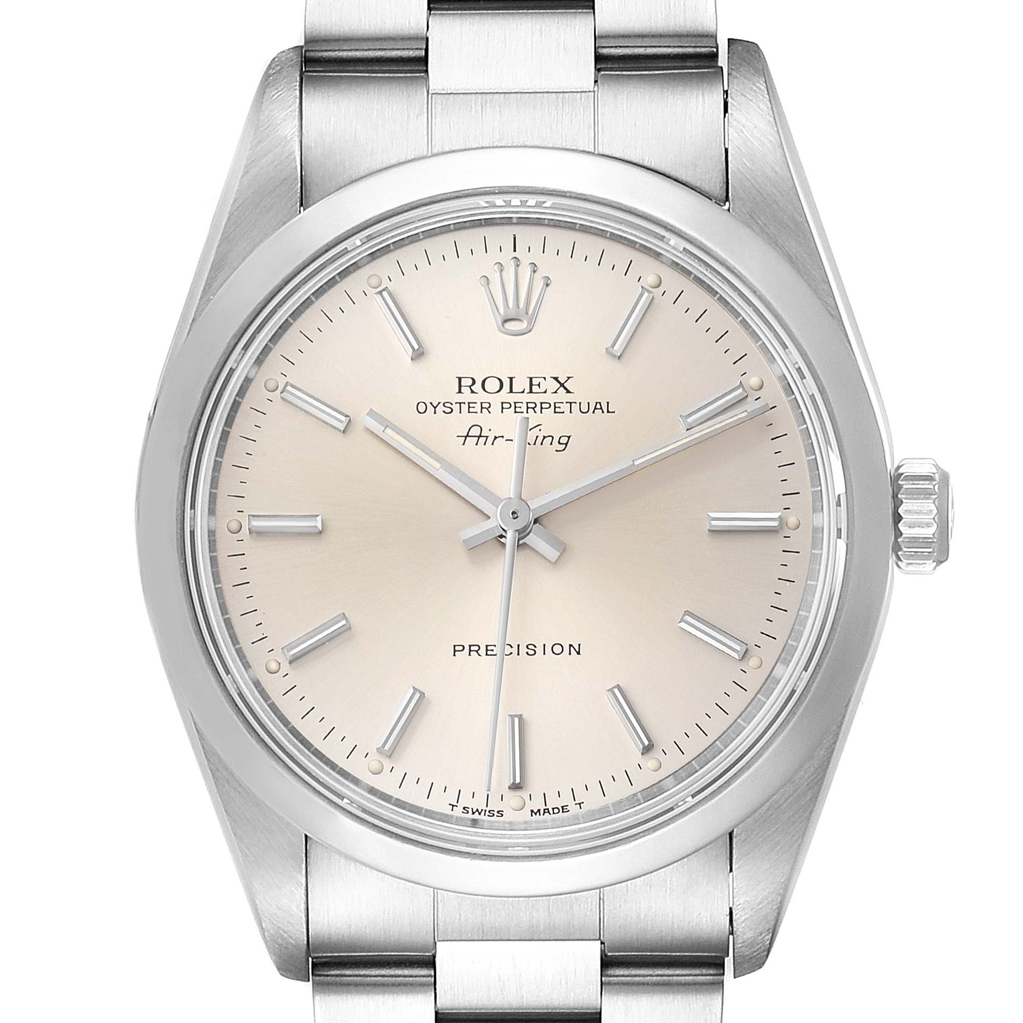 The image shows a frontal view of a Rolex Air-King 14000 Men's Stainless Steel Silver Dial 14000 Men's Stainless Steel Silver Dial watch, displaying the dial, bezel, and part of the bracelet.