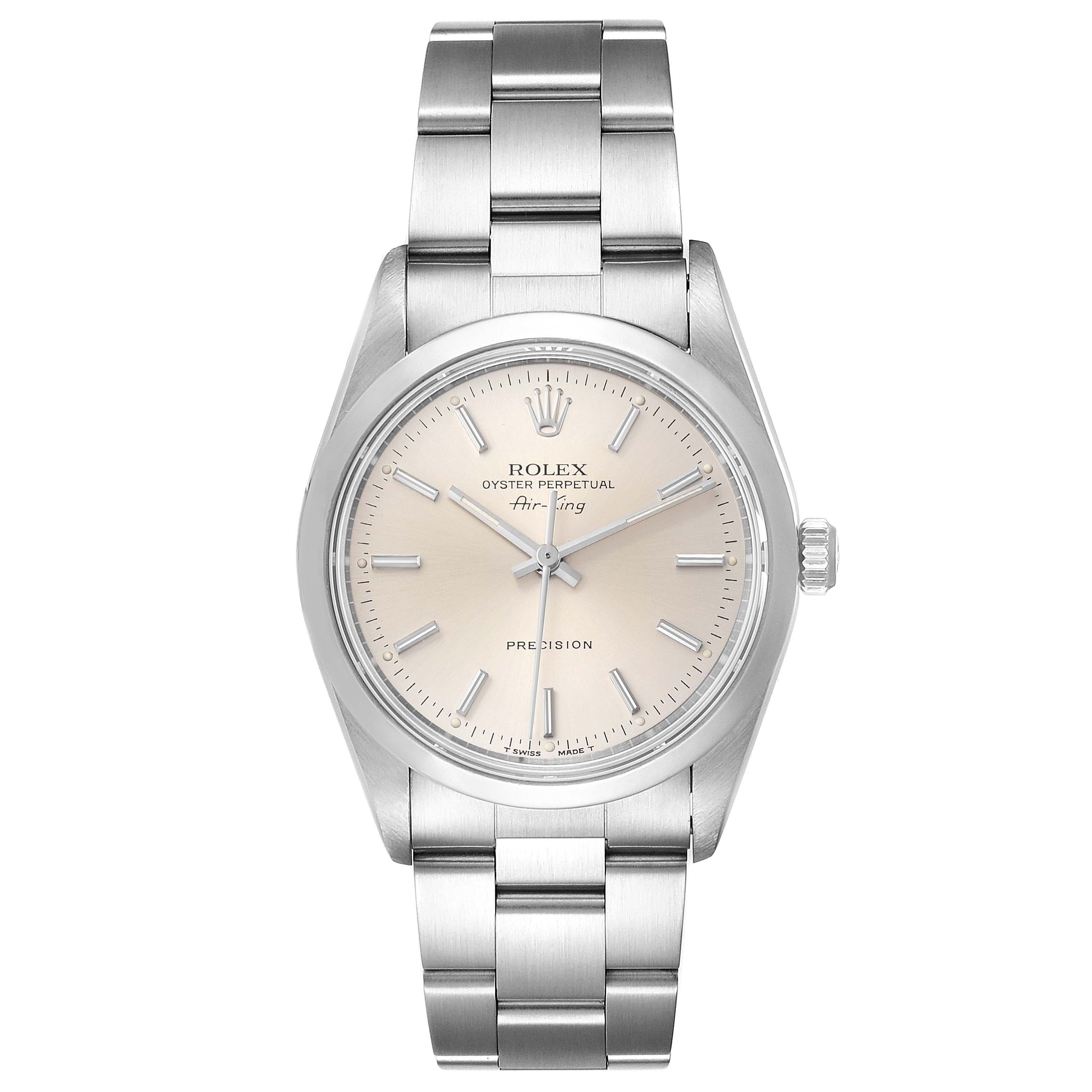 The image shows a frontal view of the Rolex Air-King 14000 Men's Stainless Steel Silver Dial 14000 Men's Stainless Steel Silver Dial watch, displaying its face, bezel, and bracelet.