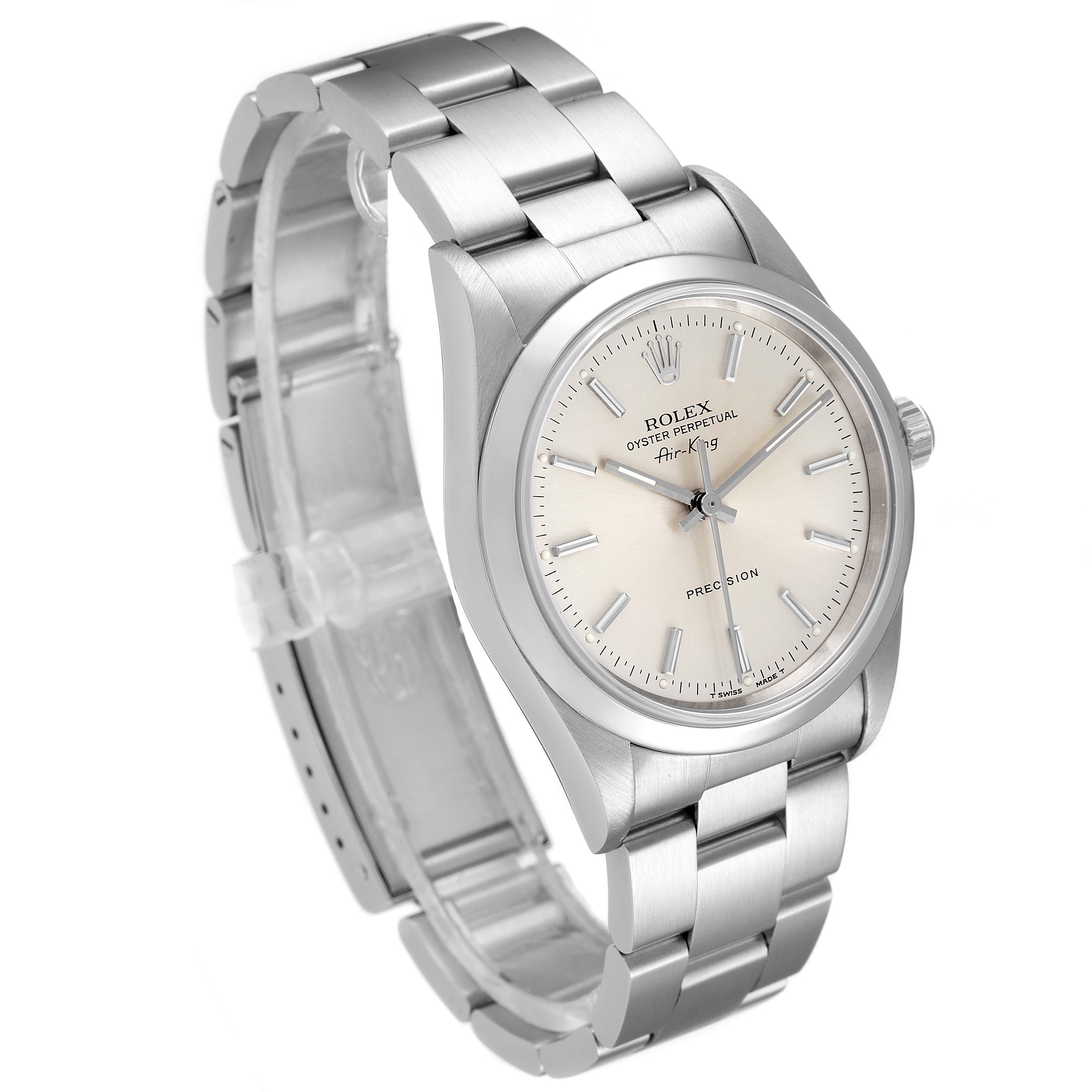 The Rolex Air-King 14000 Men's Stainless Steel Silver Dial 14000 Men's Stainless Steel Silver Dial watch is shown at a slight angle from the top right, displaying the face, bezel, and metal bracelet.