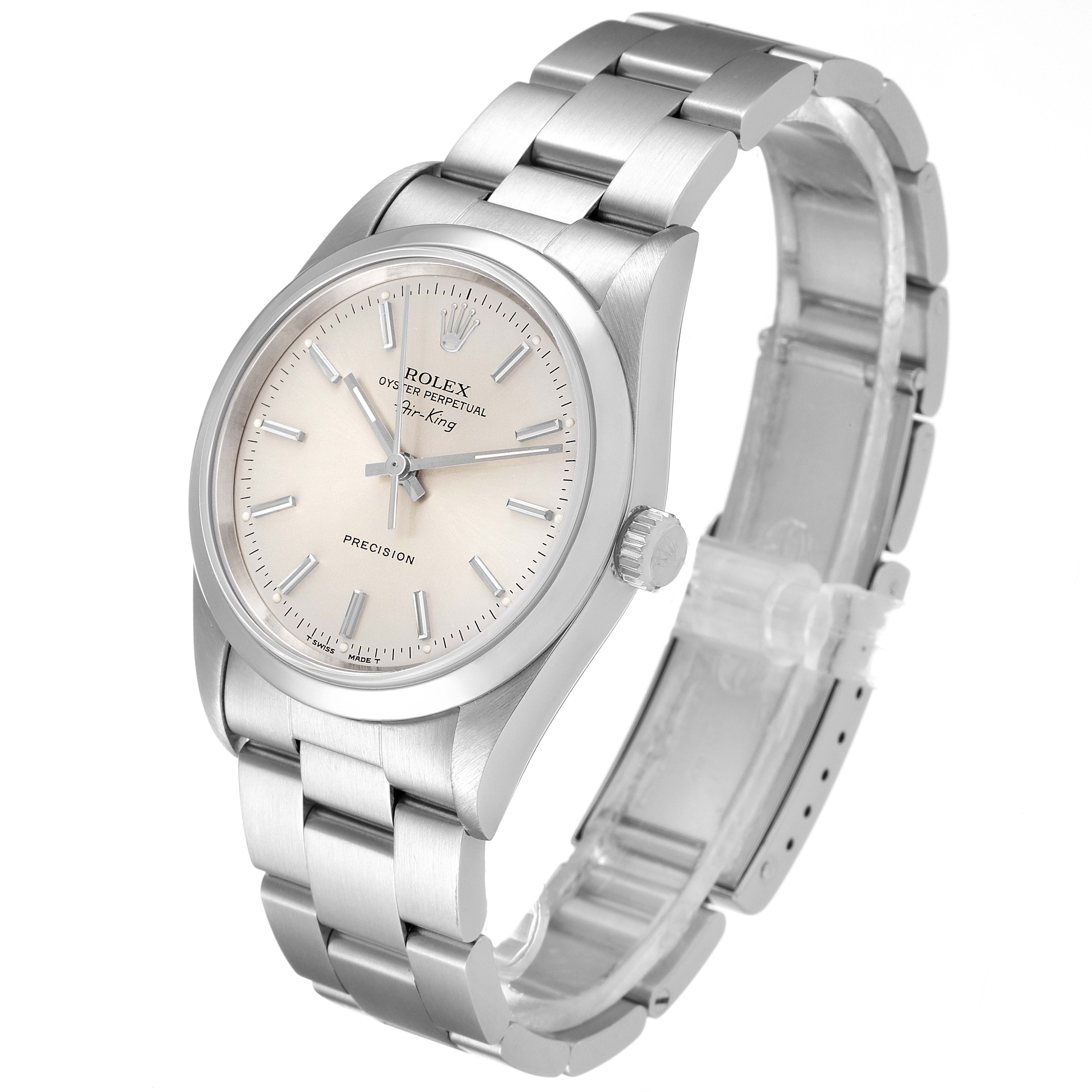 This is a Rolex Air-King 14000 Men's Stainless Steel Silver Dial 14000 Men's Stainless Steel Silver Dial watch shown at a slight angle, highlighting its face, bezel, crown, and metal bracelet.