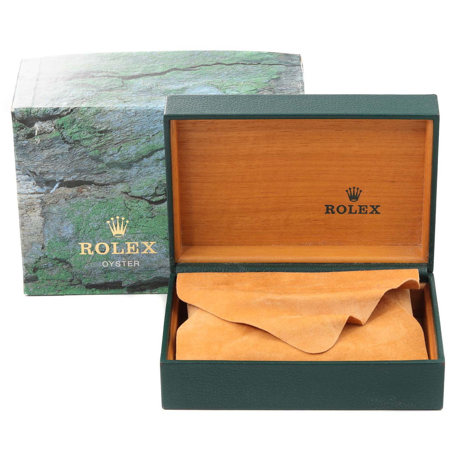 The image shows a Rolex Air-King 14000 Men's Stainless Steel Silver Dial 14000 Men's Stainless Steel Silver Dial watch box and outer packaging, both angled to display their open and closed state.