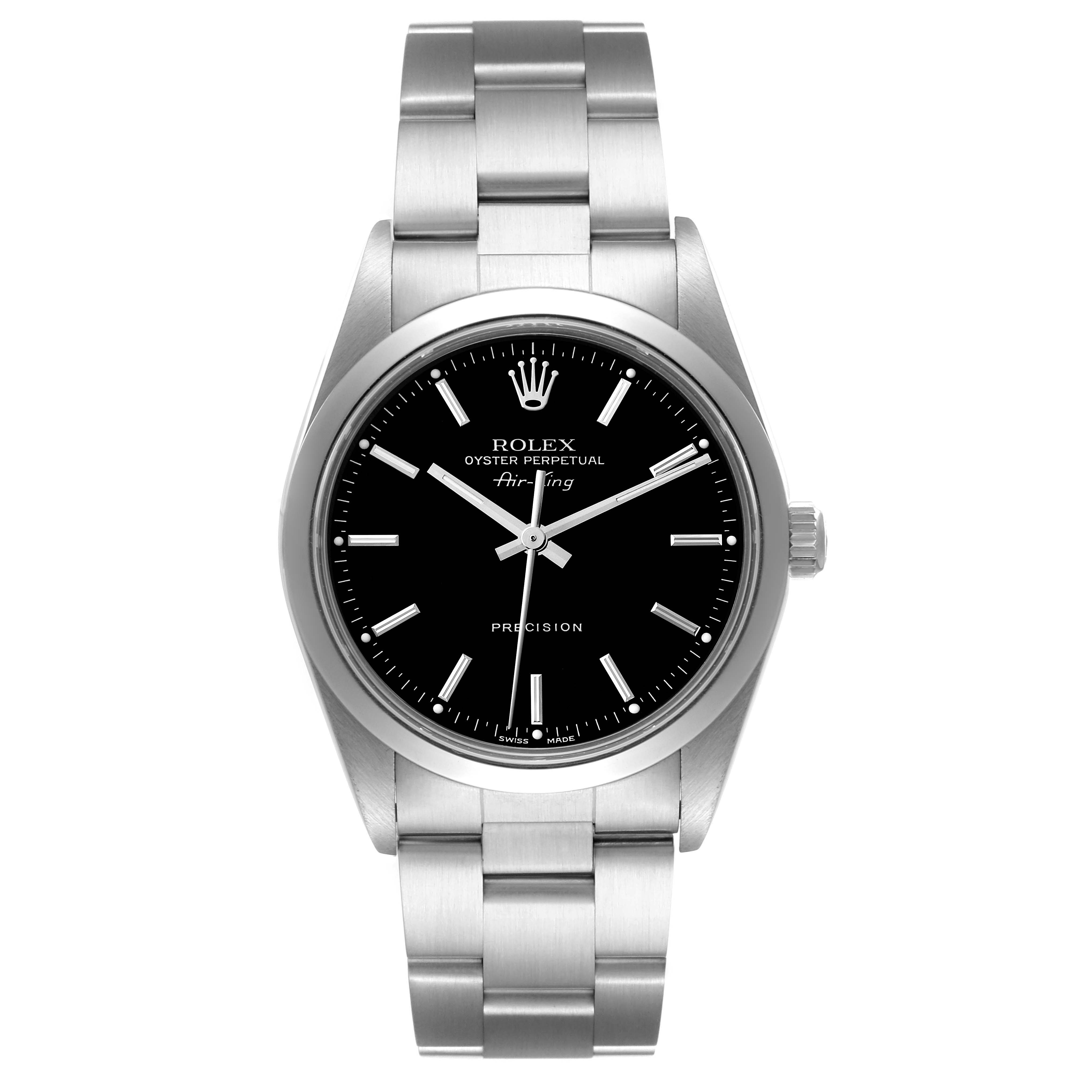 The image shows a front view of a Rolex Air-King 14000M Men's Stainless Steel Black Dial 14000M Men's Stainless Steel Black Dial watch, featuring its black dial, hour markers, and stainless steel bracelet.
