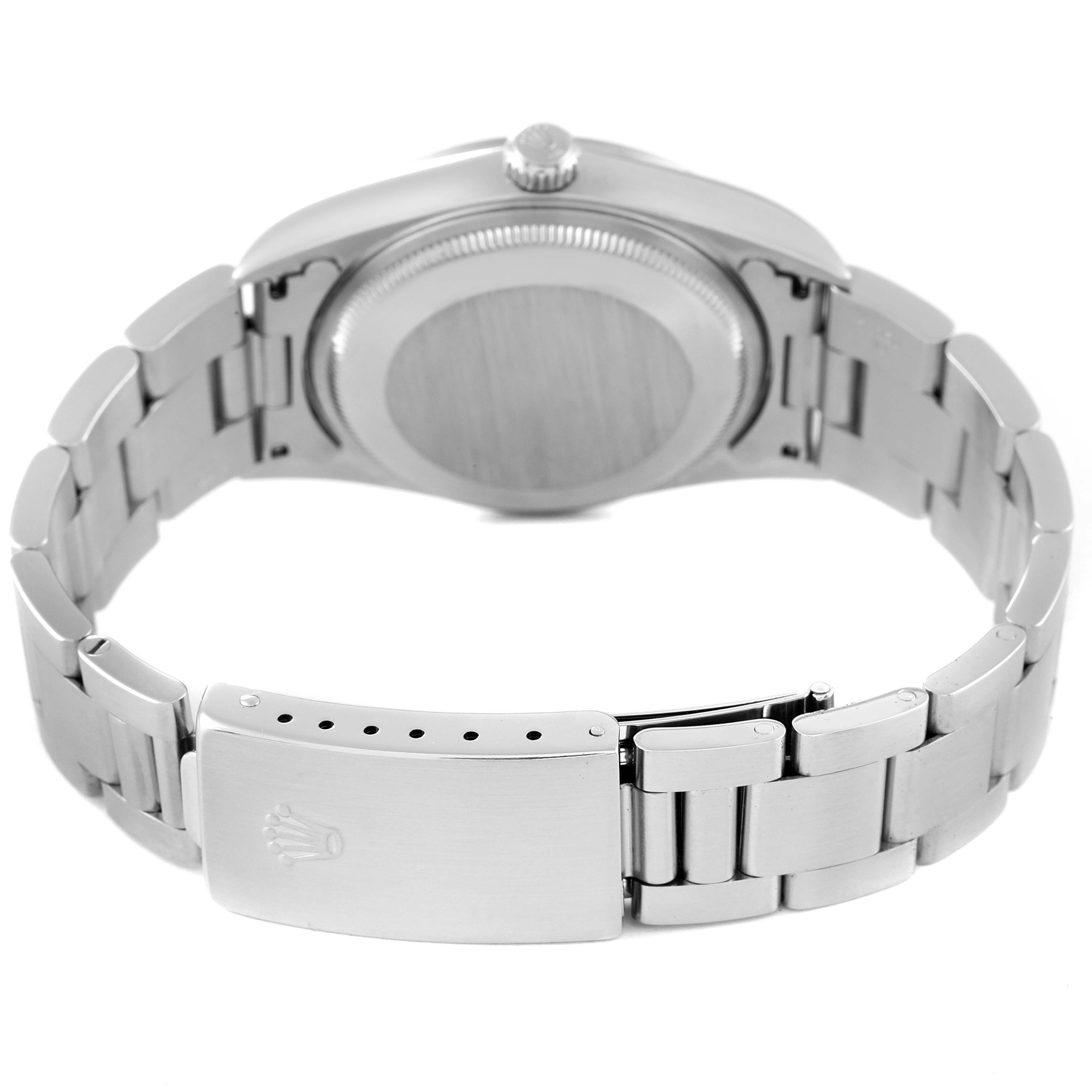 This image shows the back view of the Rolex Air-King 14000M Men's Stainless Steel Black Dial 14000M Men's Stainless Steel Black Dial watch, including its clasp and bracelet.