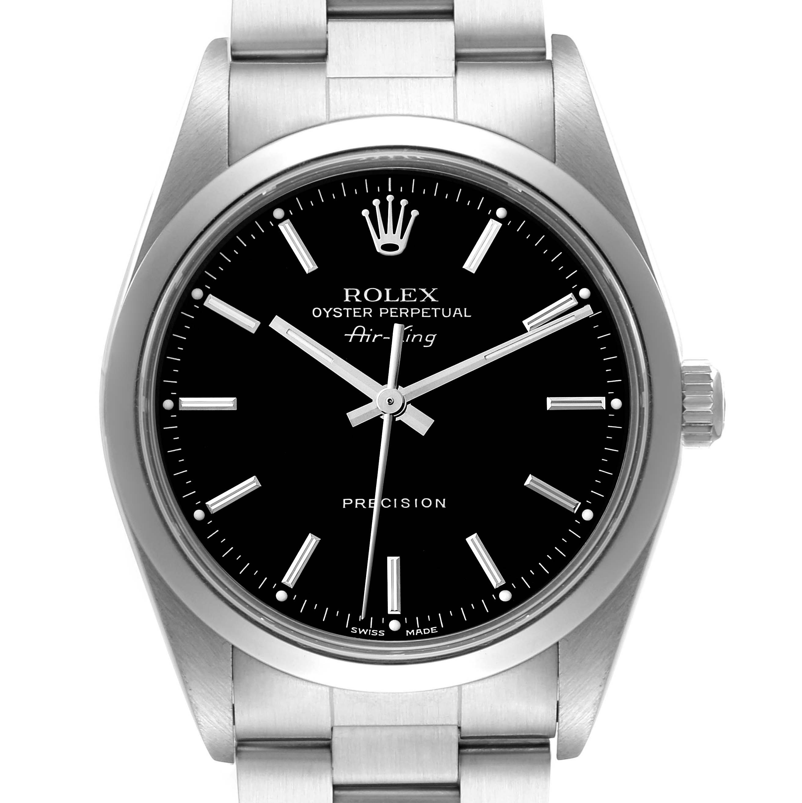 The image shows a frontal view of a Rolex Air-King 14000M Men's Stainless Steel Black Dial 14000M Men's Stainless Steel Black Dial watch, featuring its black dial, silver hands, markers, and stainless steel bracelet.