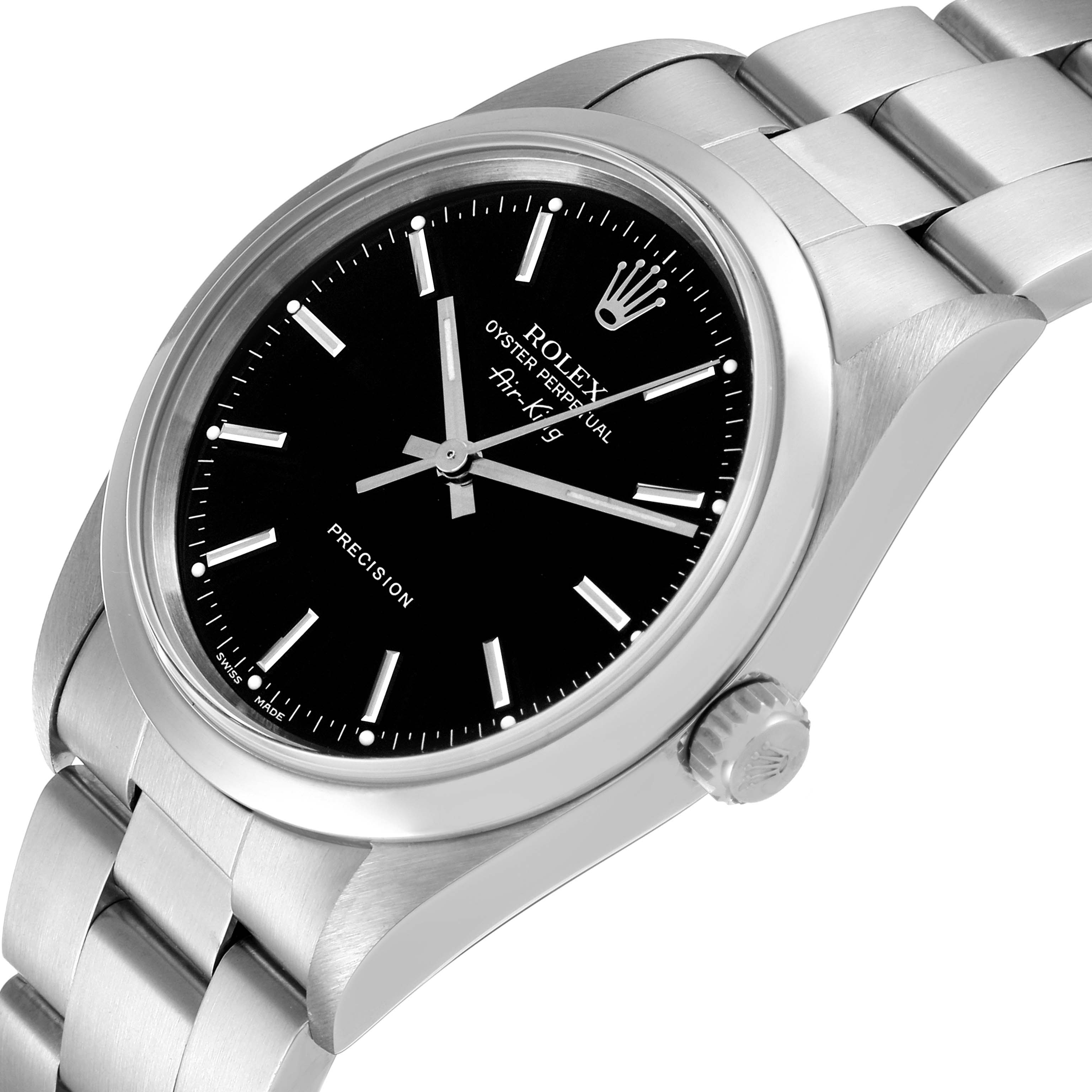 The Rolex Air-King 14000M Men's Stainless Steel Black Dial 14000M Men's Stainless Steel Black Dial watch is shown from an angled side view, displaying the bracelet, case, crown, and black dial.