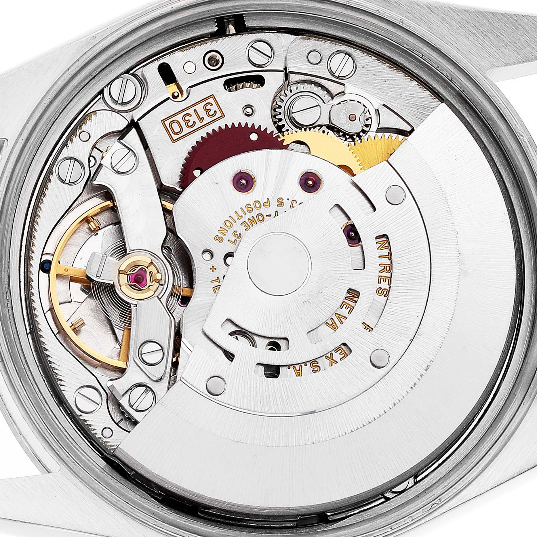 This is an internal view of the Rolex Air-King 14000M Men's Stainless Steel Black Dial 14000M Men's Stainless Steel Black Dial watch, showcasing its intricate mechanical movement parts.